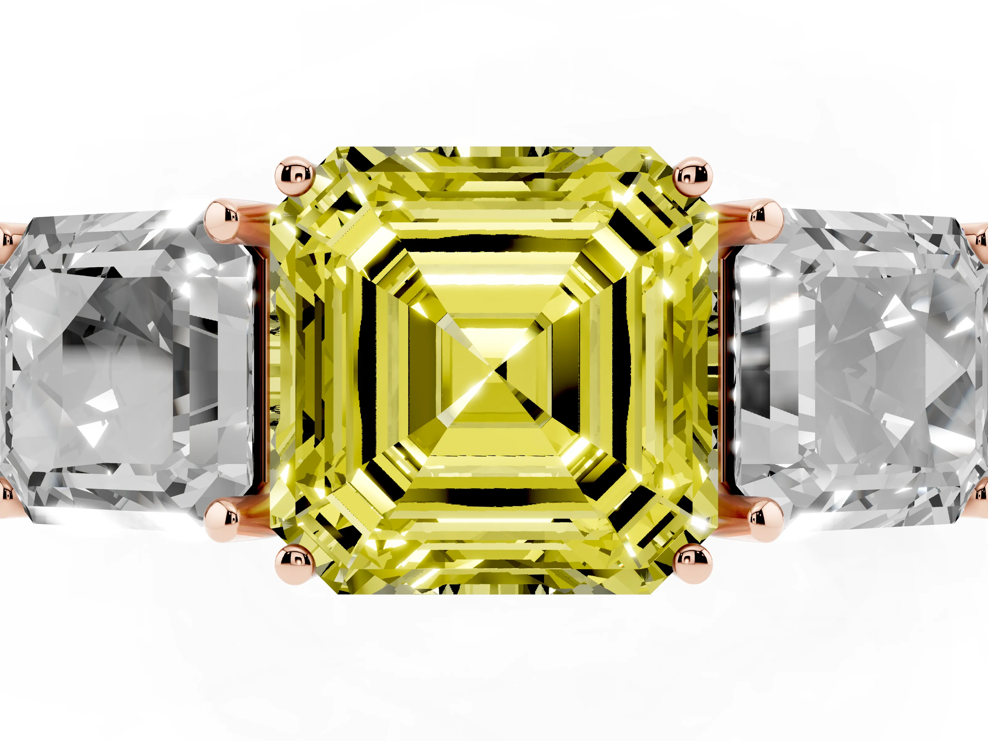 Fancy Yellow Asscher Cut Diamond Three-Stone Engagement Ring Set in Rose gold with Milgrain Pavé Band