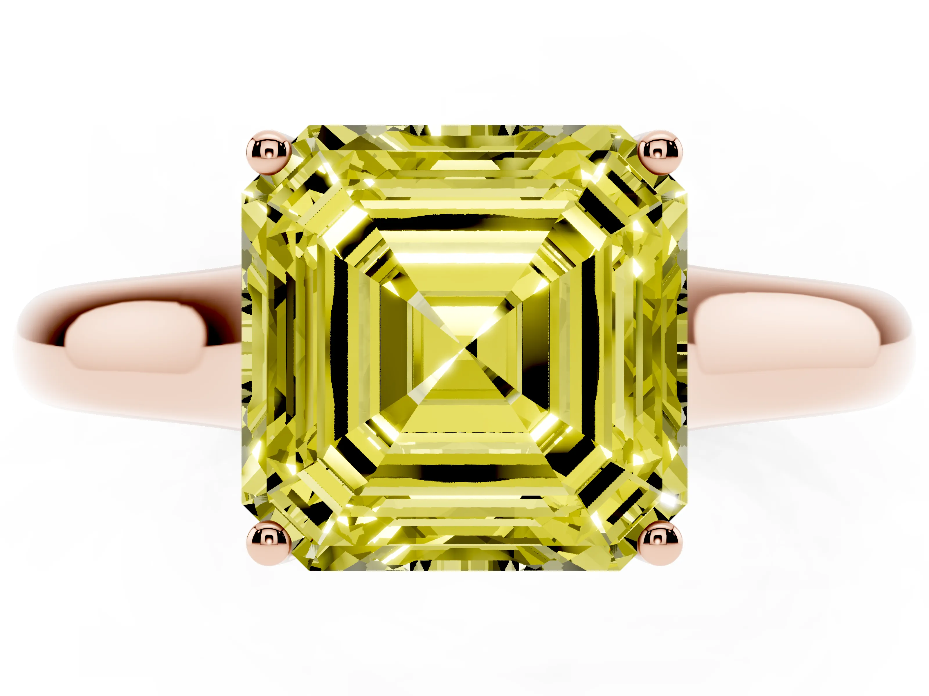 Fancy Yellow Asscher Cut Diamond Solitaire Engagement Ring Set in Rose gold with Subtly Tapered Band and Prong Setting