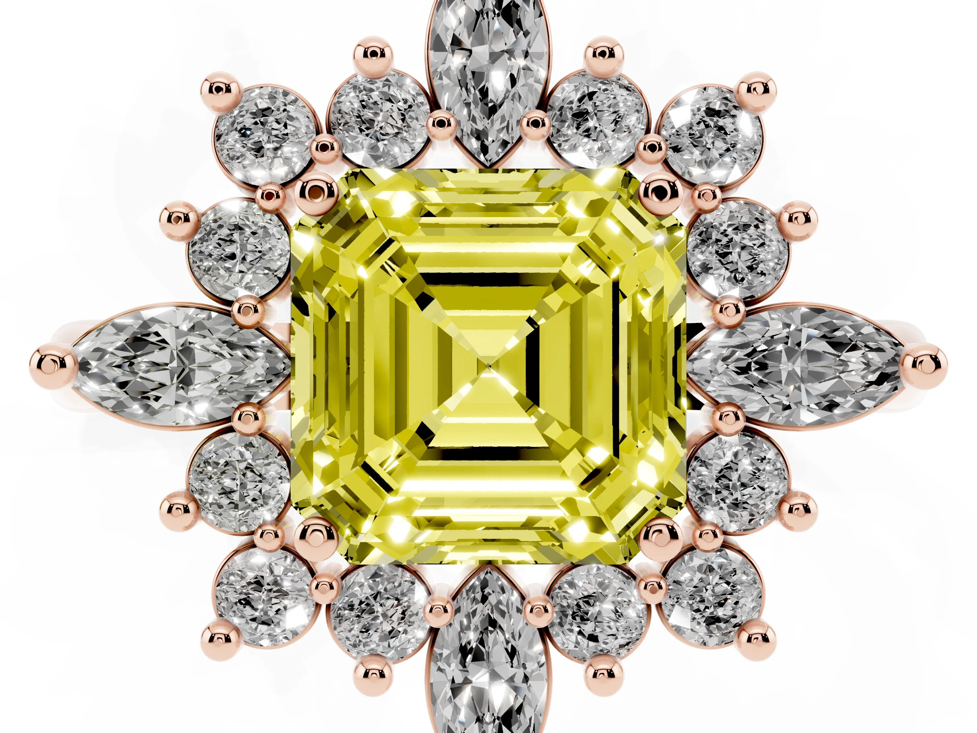 Fancy Yellow Asscher Cut Diamond Cluster Halo Ring Set in Rose gold with Marquise and Round Accents