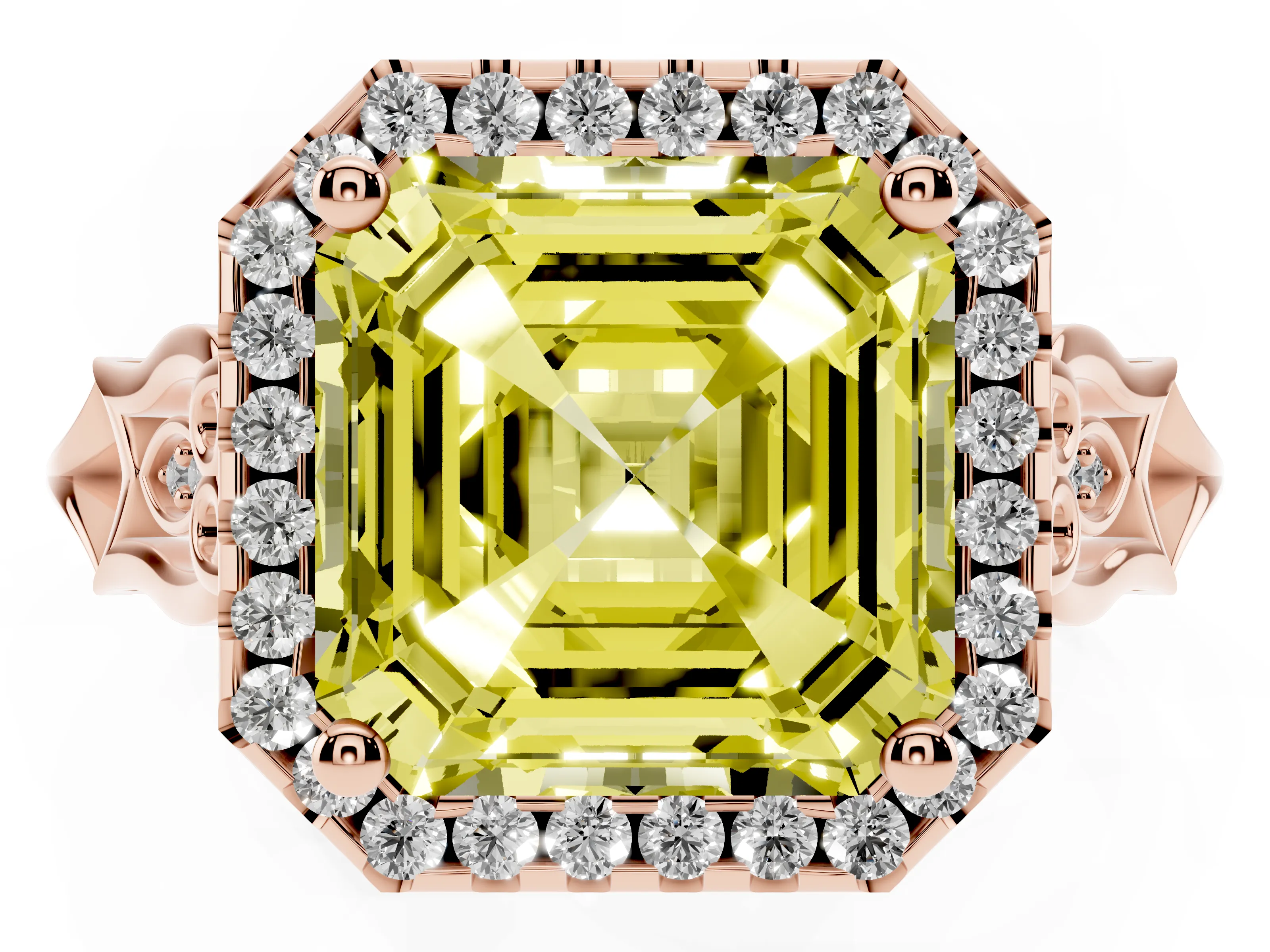 Fancy Yellow Asscher Cut Diamond Halo Engagement Ring Set in Rose gold with Filigree Band and Prong-Set Center