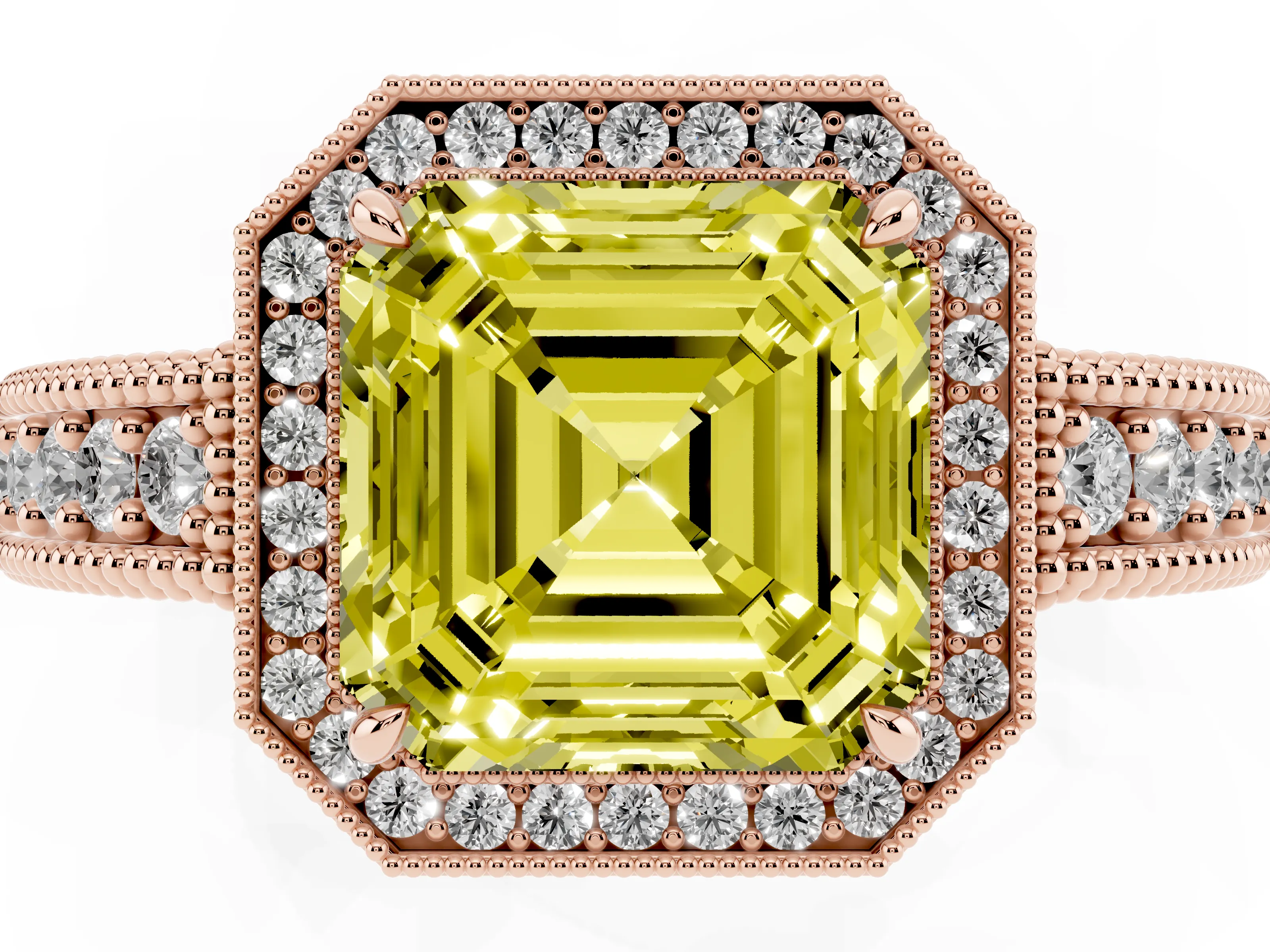 Fancy Yellow Asscher Cut Diamond Halo Ring Set in Rose gold with Round Accent Halo, Pavé Band and Prong Setting