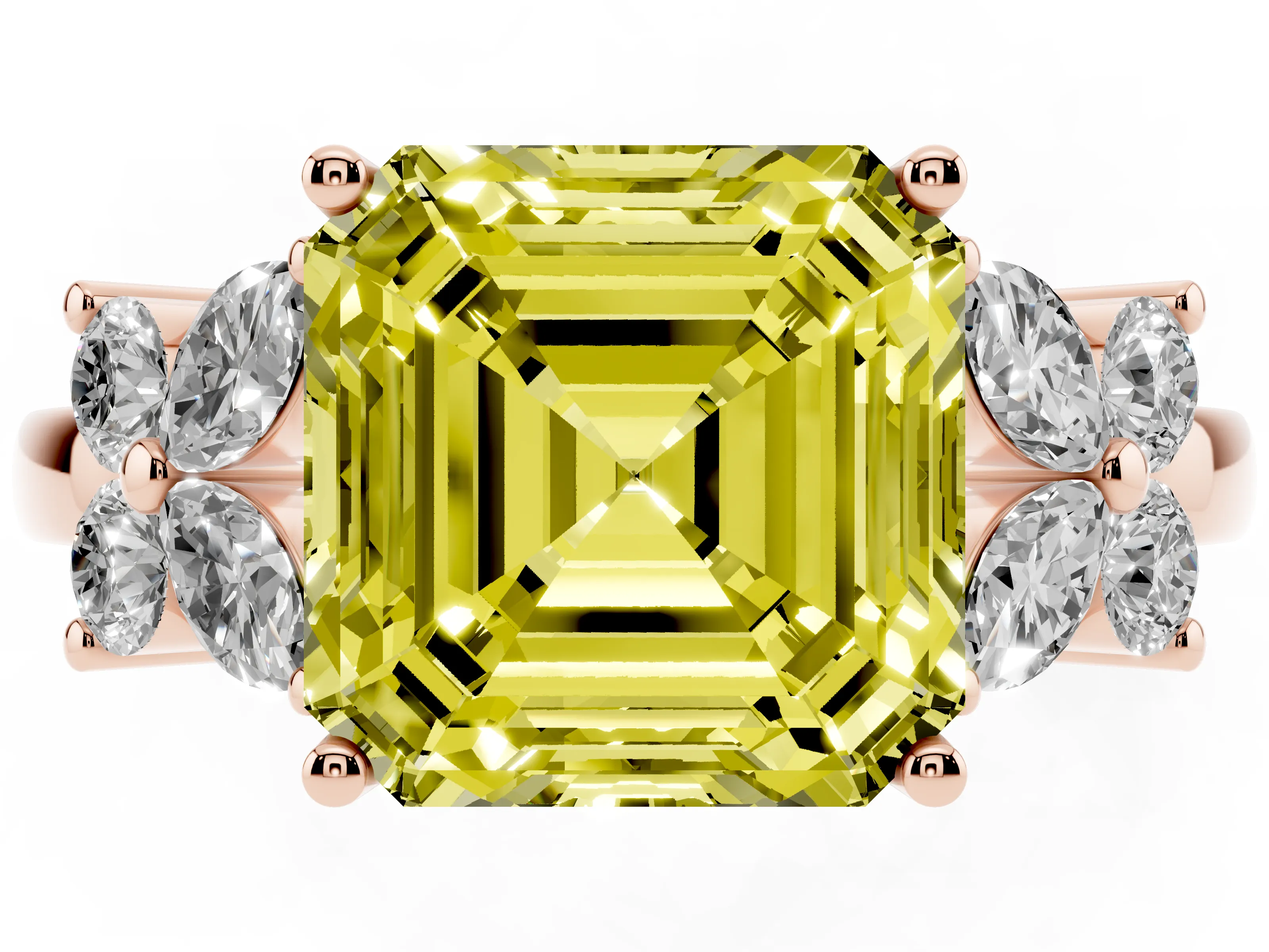 Fancy Yellow Asscher Cut Diamond Floral Cluster Ring Set in Rose gold with Marquise Petals and Prong Setting