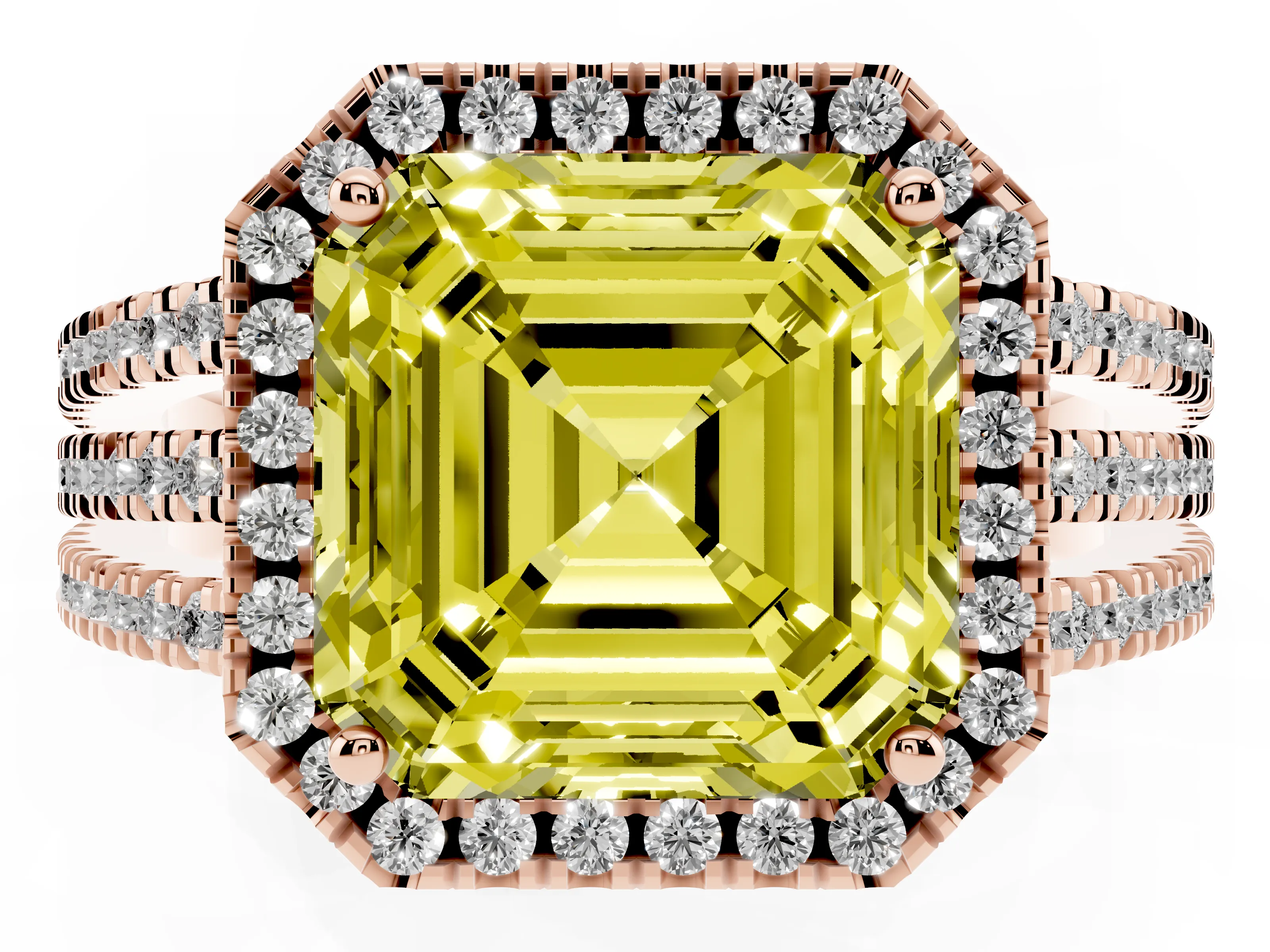Fancy Yellow Asscher Cut Diamond Halo Split Shank Engagement Ring Set in Rose gold with Prong Setting