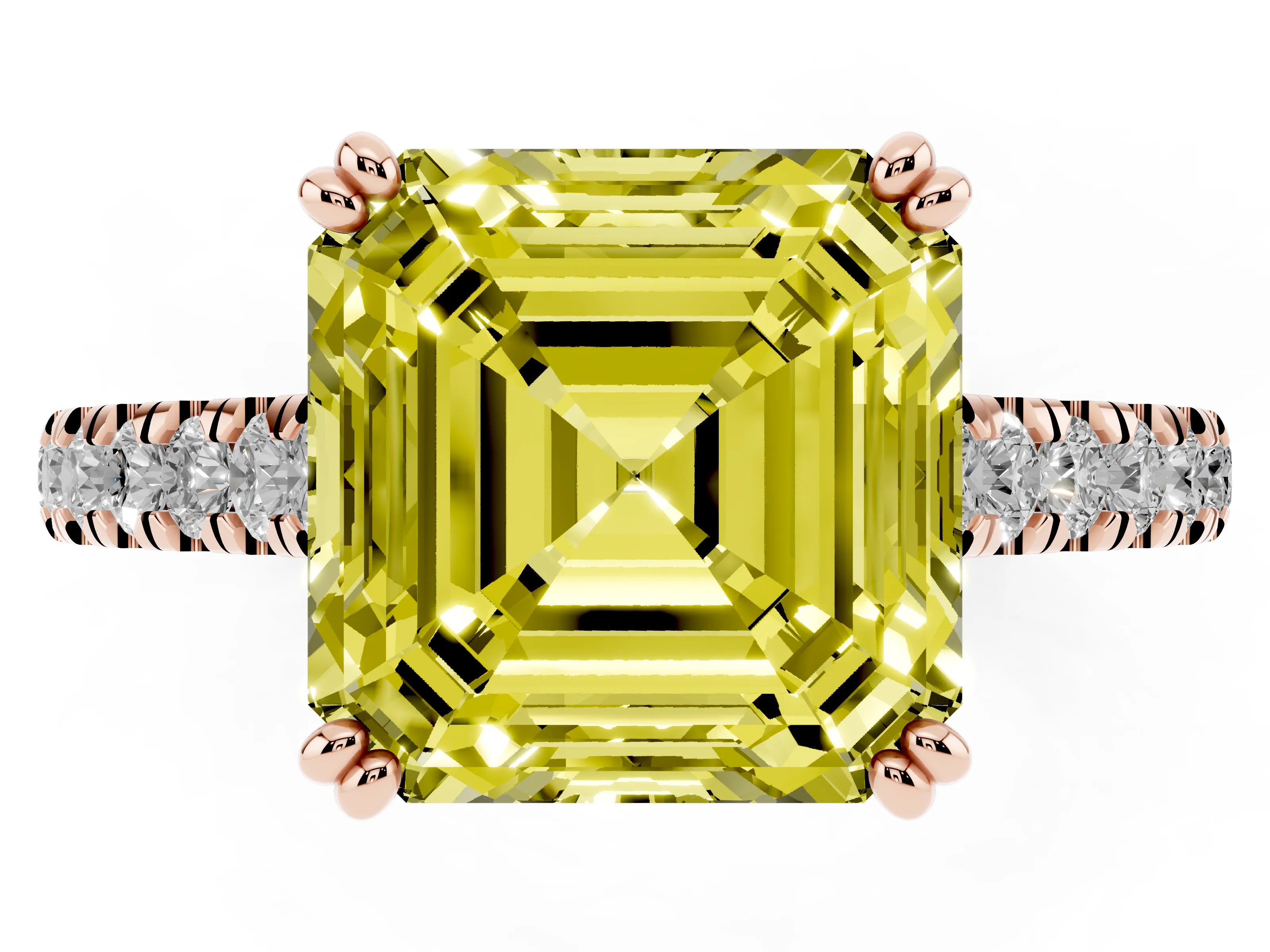 Fancy Yellow Asscher Cut Diamond Solitaire Engagement Ring Set in Rose gold with Pavé Accents and Prong Setting