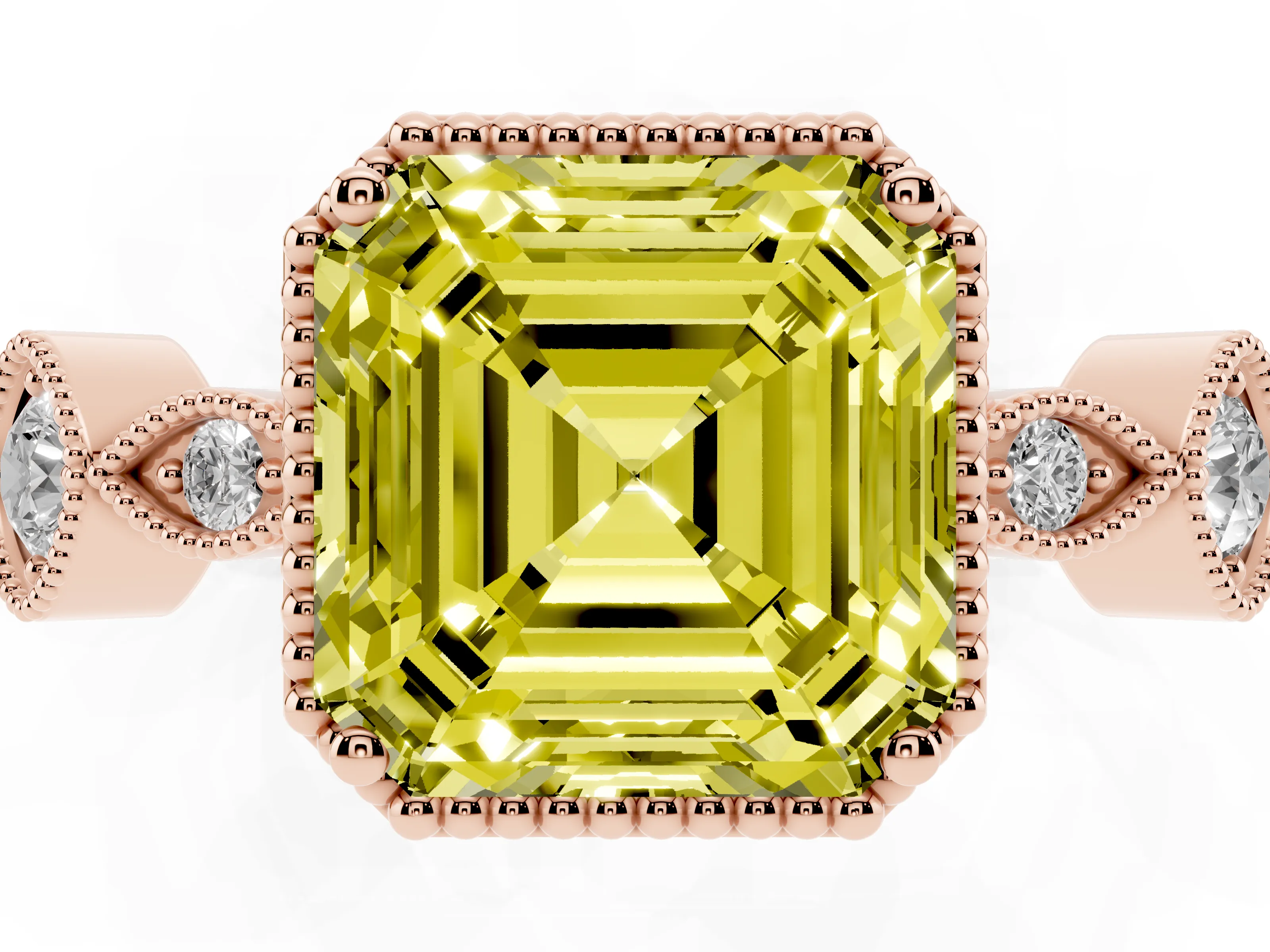 Fancy Yellow Asscher Cut Diamond Vintage-Inspired Milgrain Ring Set in Rose gold with Marquise Stations of Round Accents
