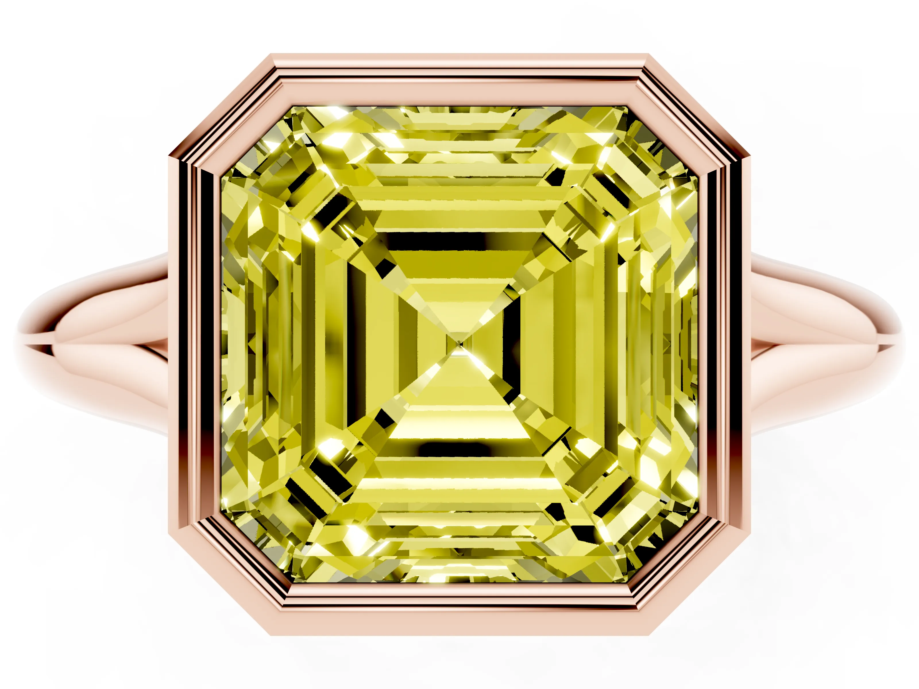 Fancy Yellow Bezel Set Asscher Cut Diamond Solitaire Ring Set in Rose gold with Smooth Band