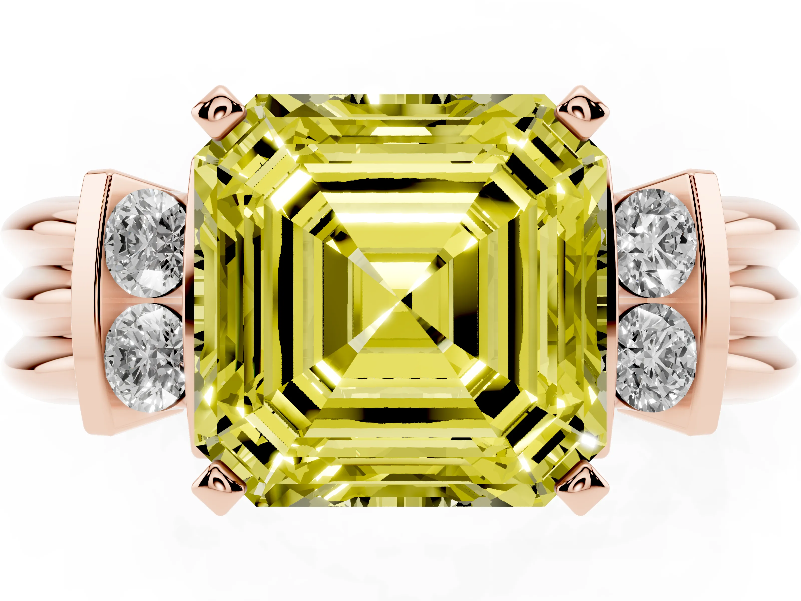 Fancy Yellow Three-Stone Asscher Cut Diamond Channel Set Ring Set in Rose gold with Bar Prongs