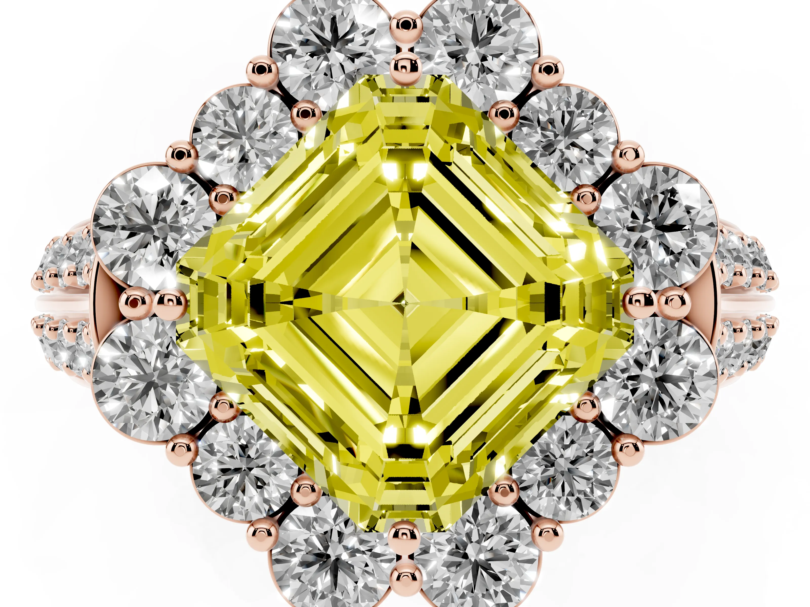 Fancy Yellow Asscher Cut Diamond Halo Engagement Ring Set in Rose gold with Split Shank and Prong Setting
