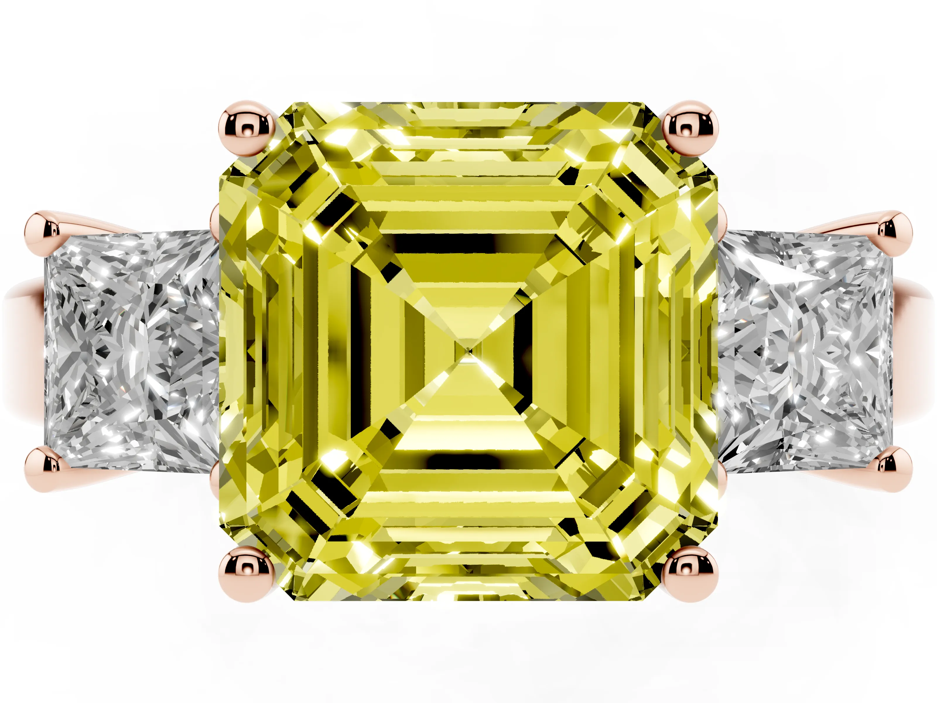 Fancy Yellow Three-Stone Asscher Cut Diamond Solitaire Ring Set in Rose gold with Prong Setting