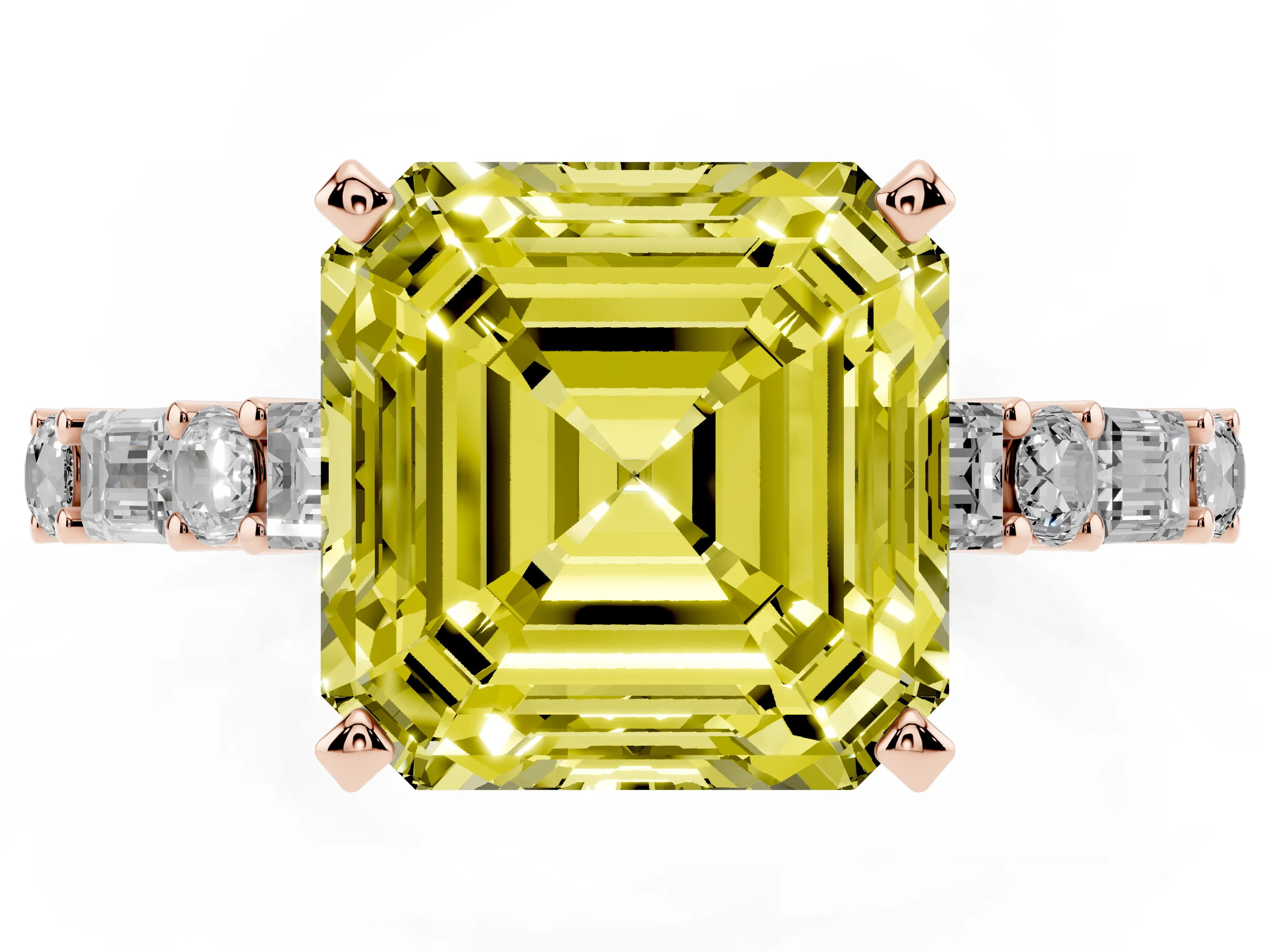 Fancy Yellow Asscher Cut Diamond Solitaire Set in Rose gold with Side Baguettes and Channel Set Band