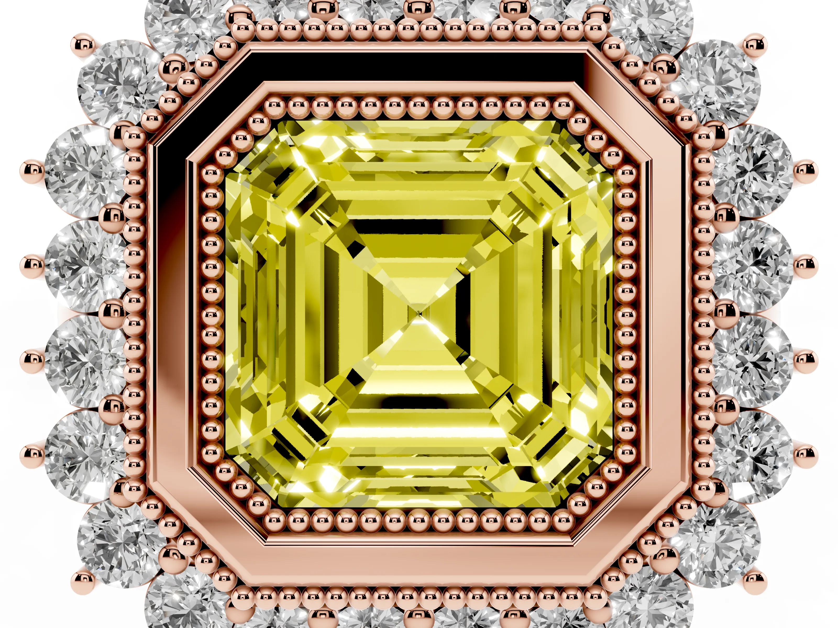 Fancy Yellow Asscher Cut Diamond Halo Ring Set in Rose gold with Milgrain Edge and Round Prong Setting