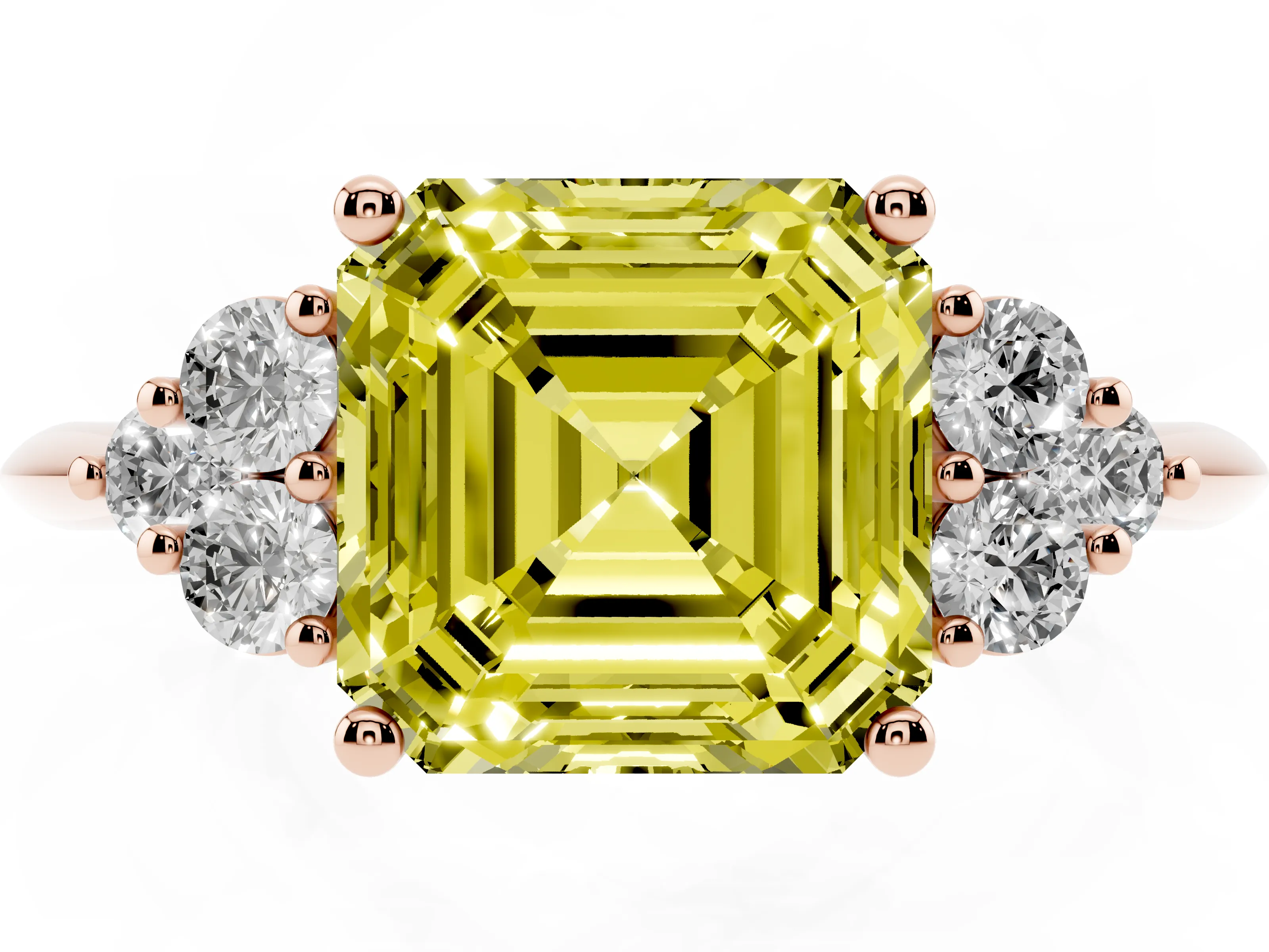 Fancy Yellow Asscher Cut Diamond Cluster Ring Set in Rose gold with Plain Band and Prong Setting