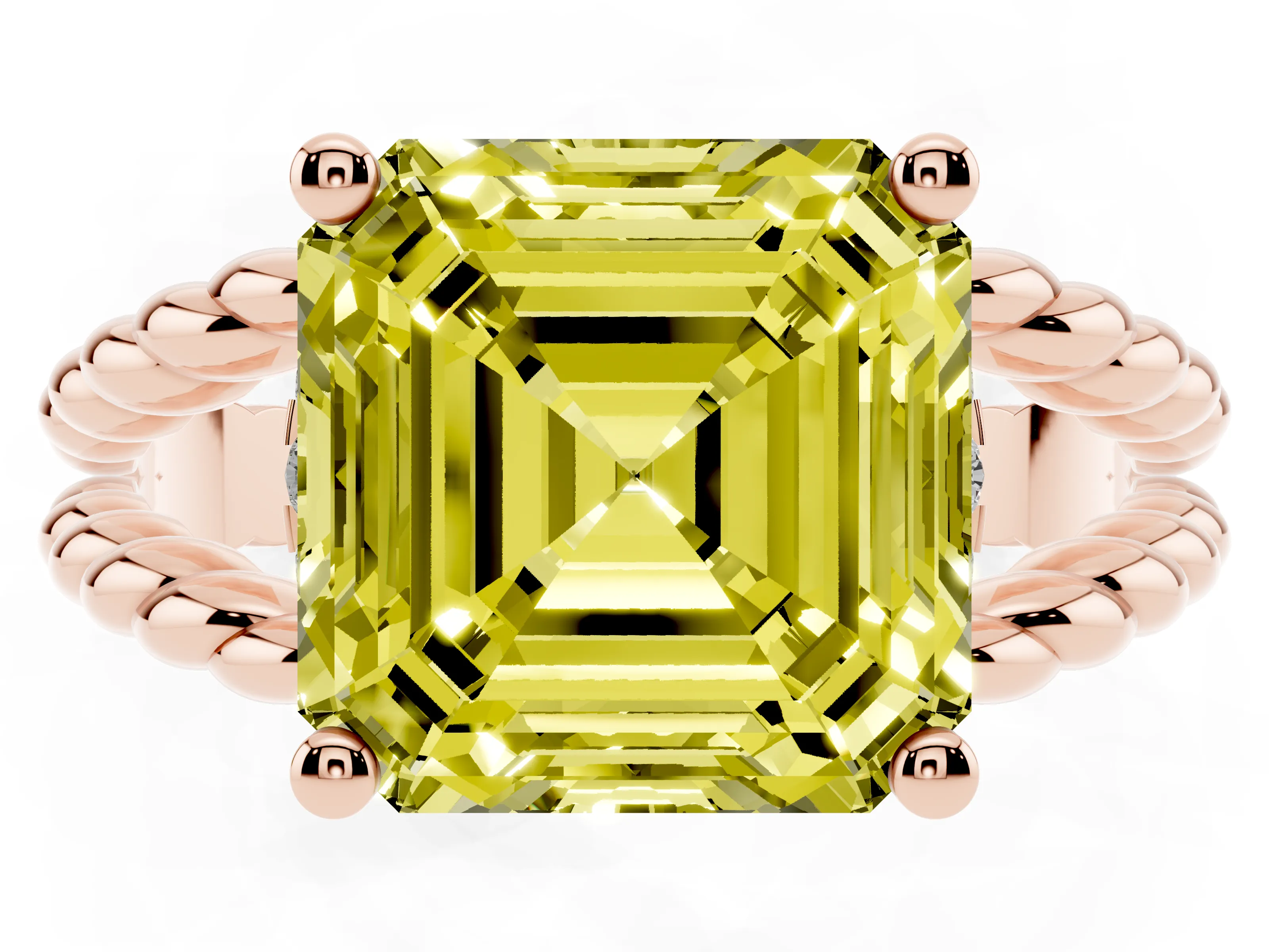Fancy Yellow Asscher Cut Diamond Halo Ring Set in Rose gold with Twisted Band and Prong Setting