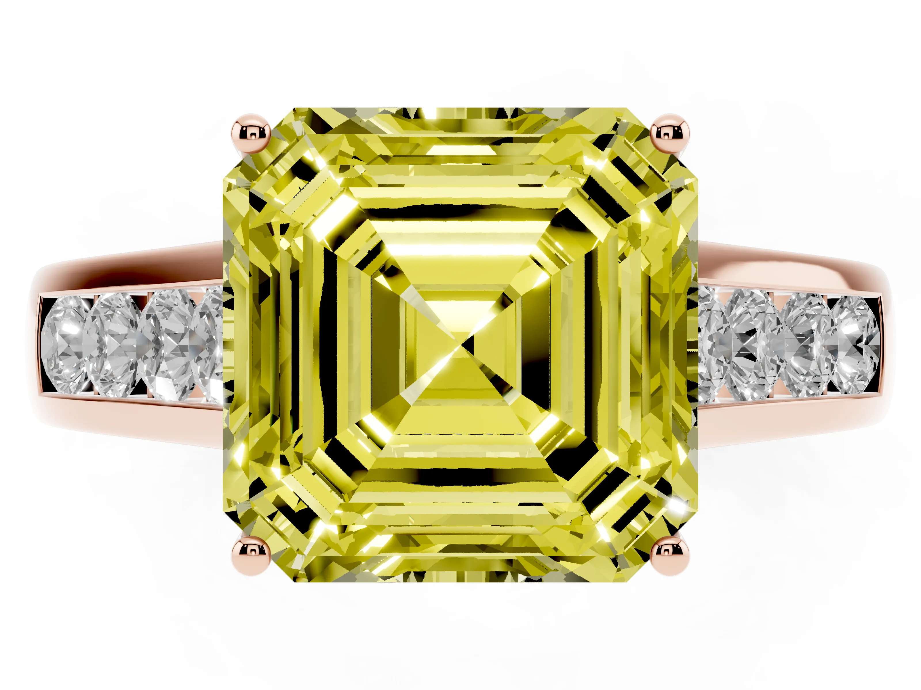 Fancy Yellow Asscher Cut Diamond Brilliant Channel-Set Solitaire Ring Set in Rose gold with Prong Setting