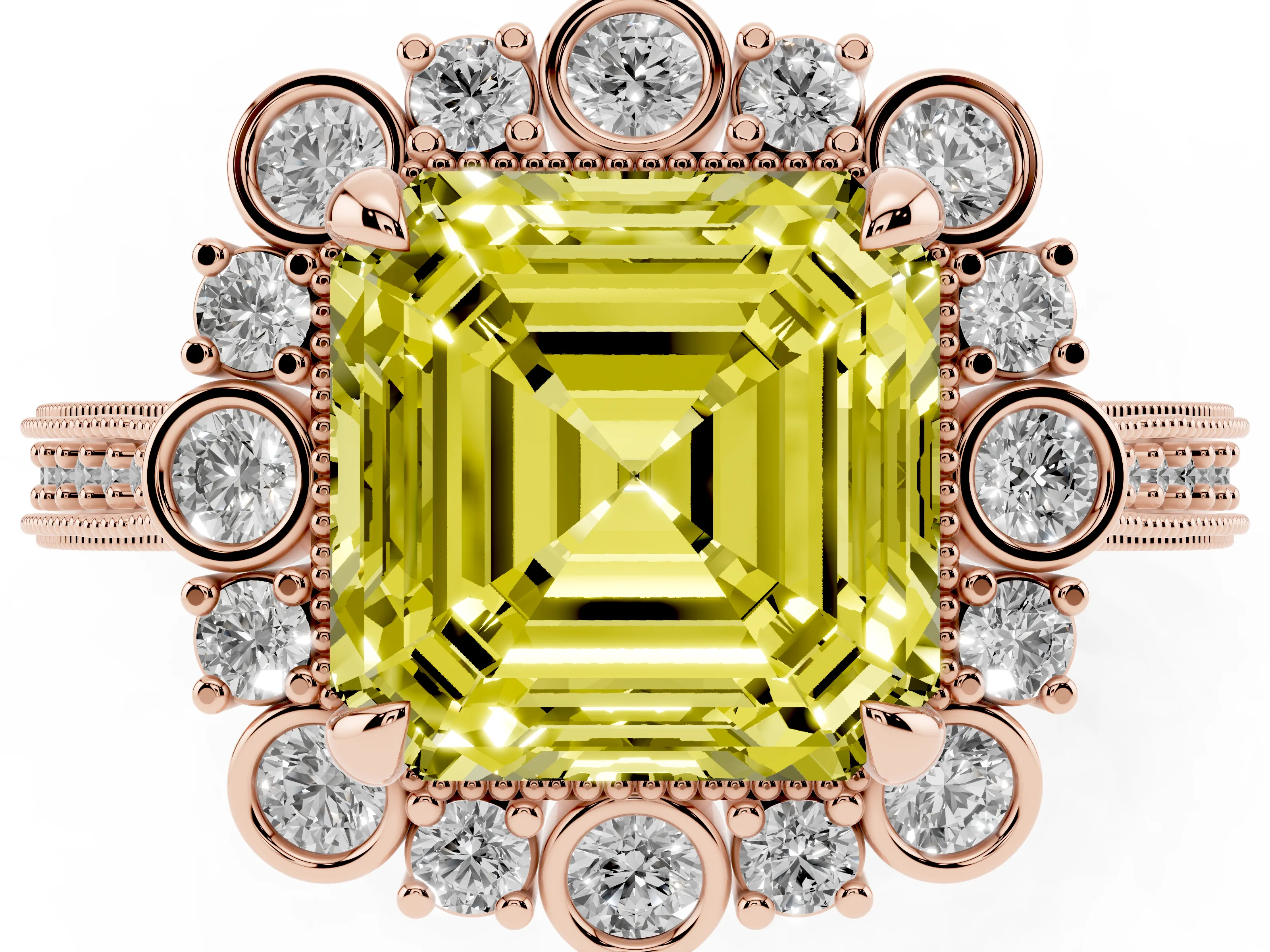 Fancy Yellow Asscher Cut Diamond Halo Milgrain Pavé Ring Set in Rose gold with Prong Setting