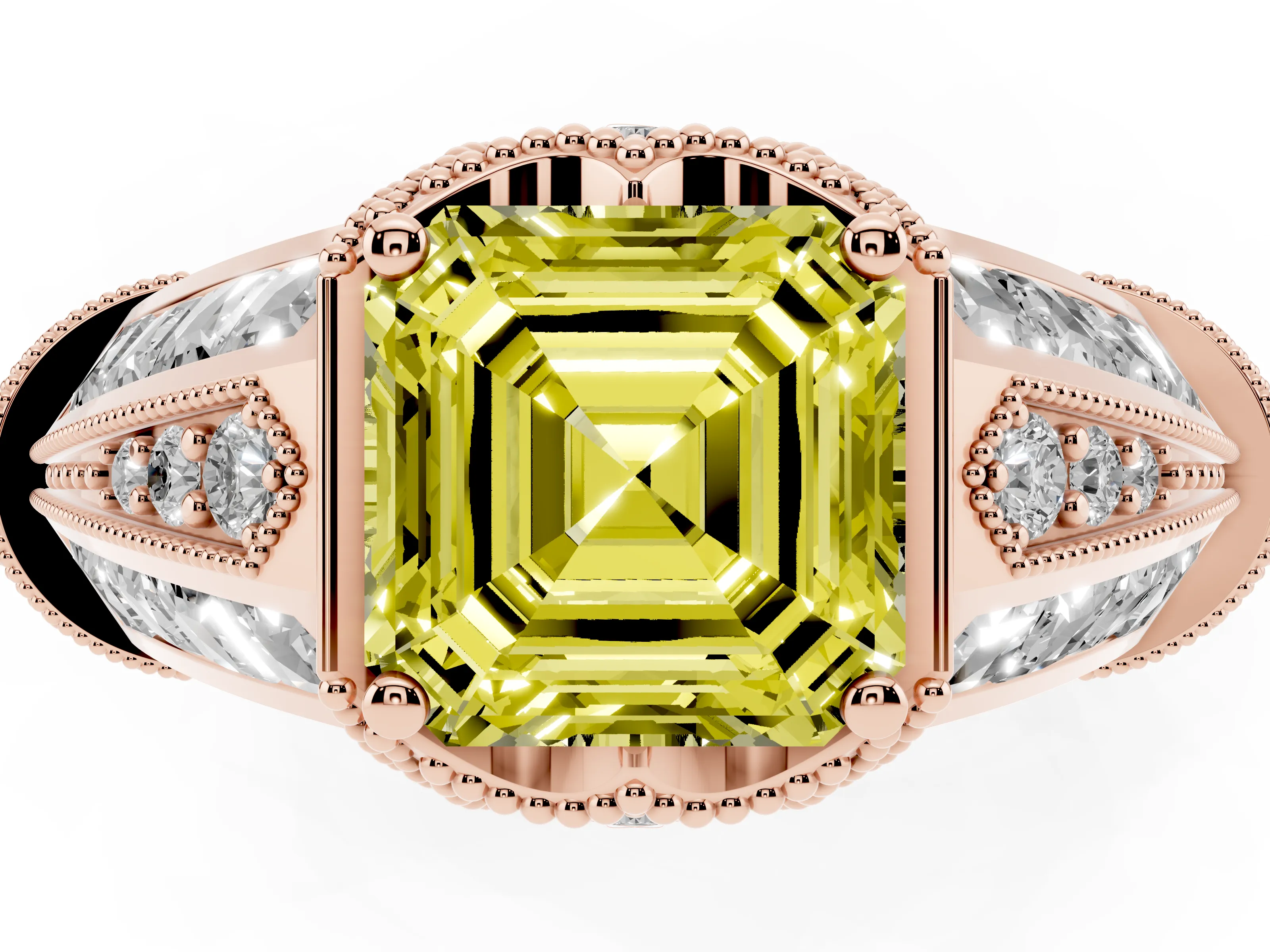 Fancy Yellow Asscher Cut Diamond Vintage-Inspired Milgrain Ring Set in Rose gold with Accent Split Shank