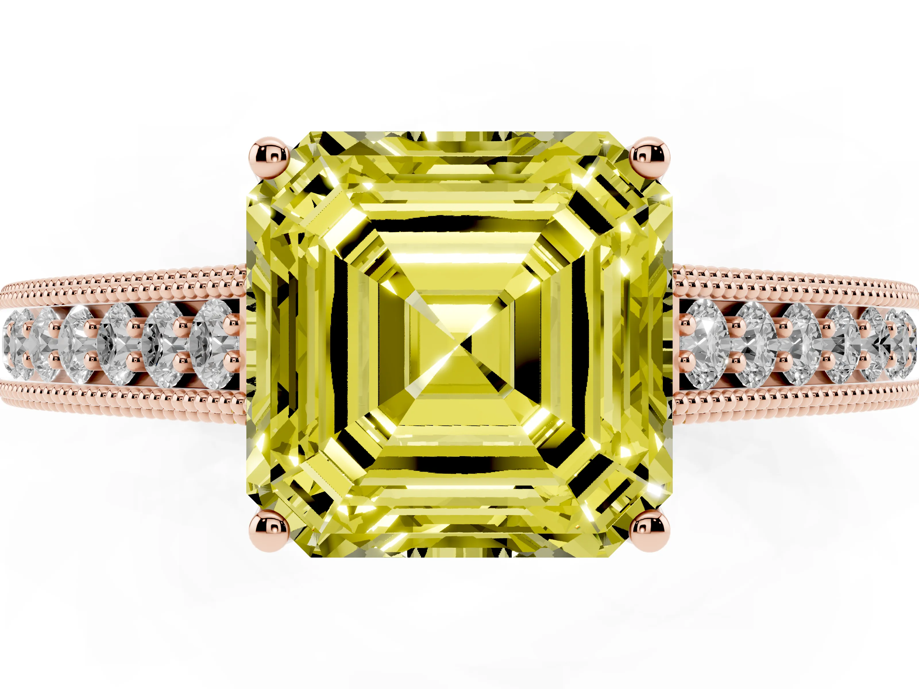 Fancy Yellow Asscher Cut Diamond Milgrain Pavé Band Solitaire Ring Set in Rose gold with Prong Setting