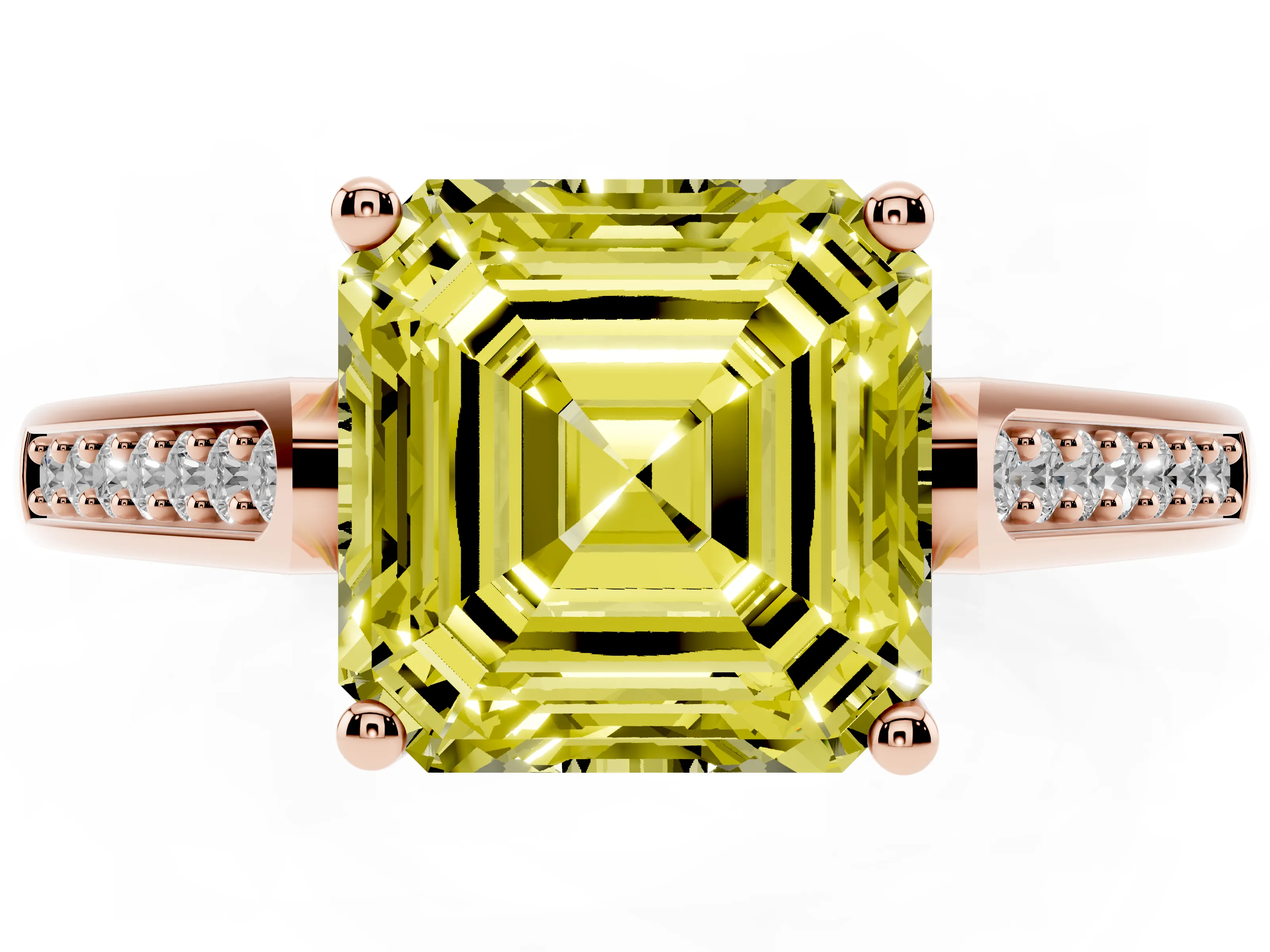 Fancy Yellow Asscher Cut Diamond Solitaire Cathedral Engagement Ring Set in Rose gold with Channel-Set Band and Prong Setting