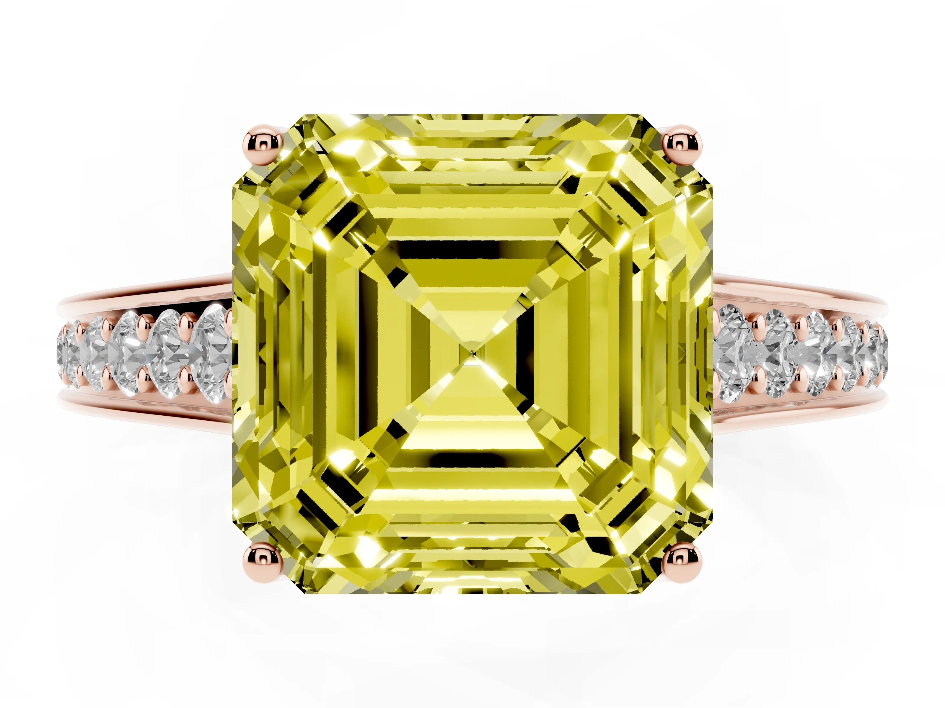 Fancy Yellow Asscher Cut Diamond Solitaire Pavé Engagement Ring Set in Rose gold with Prong Setting