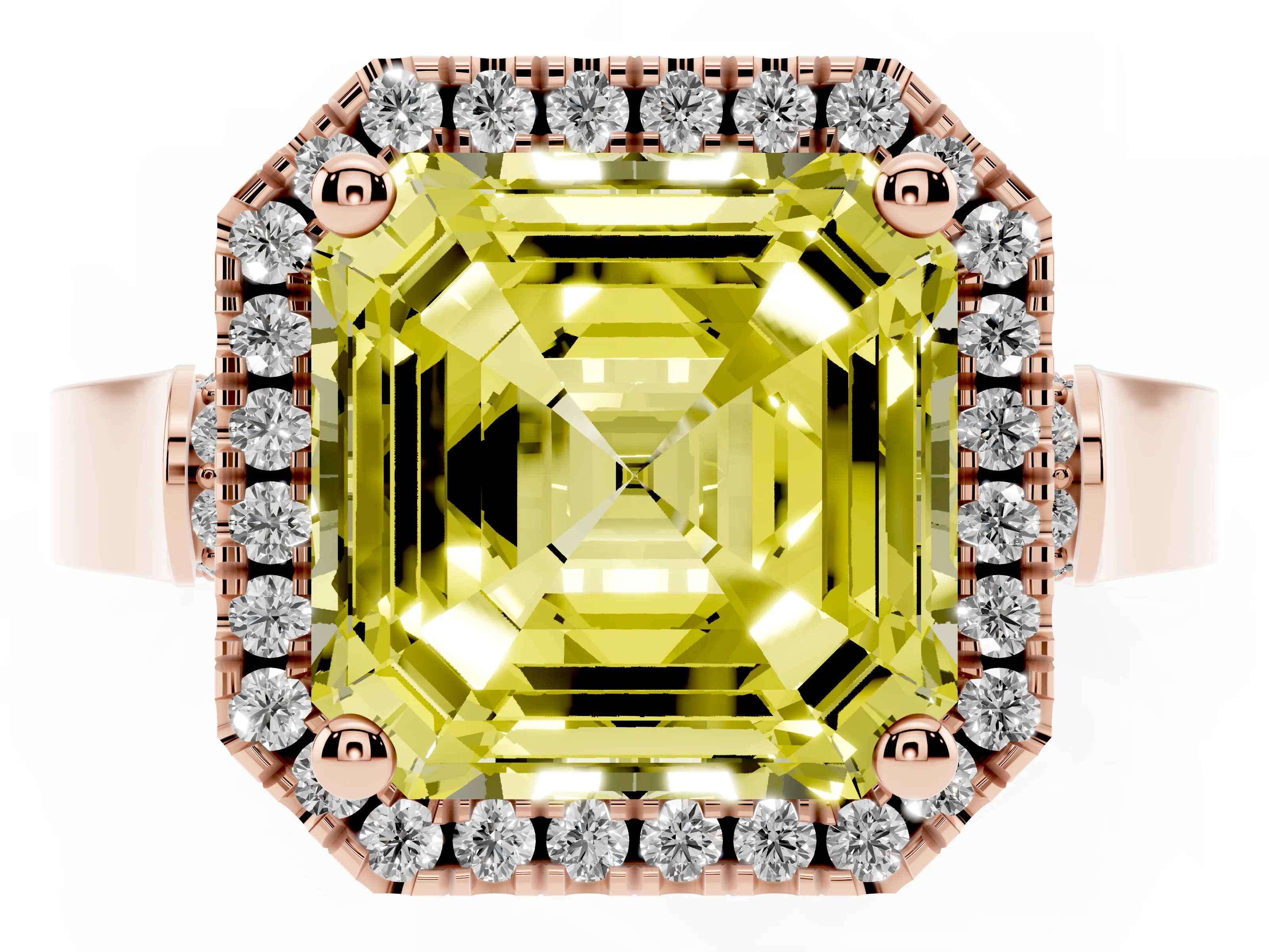 Fancy Yellow Asscher Cut Diamond Halo Ring Set in Rose gold with Pavé-Lined Split Shank Band
