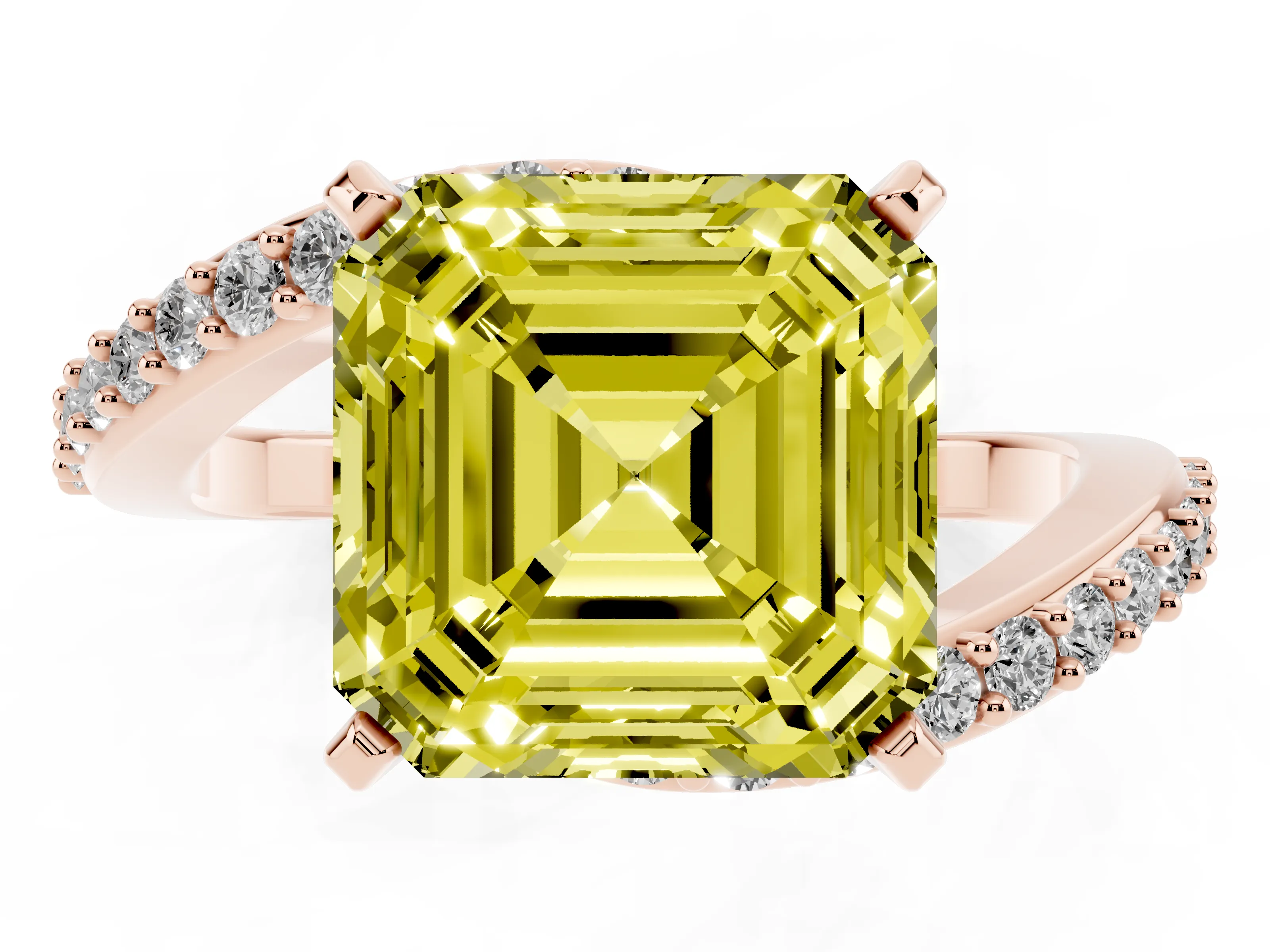 Fancy Yellow Asscher Cut Diamond Solitaire Ring Set in Rose gold with Pavé Twist Band and Prong Setting