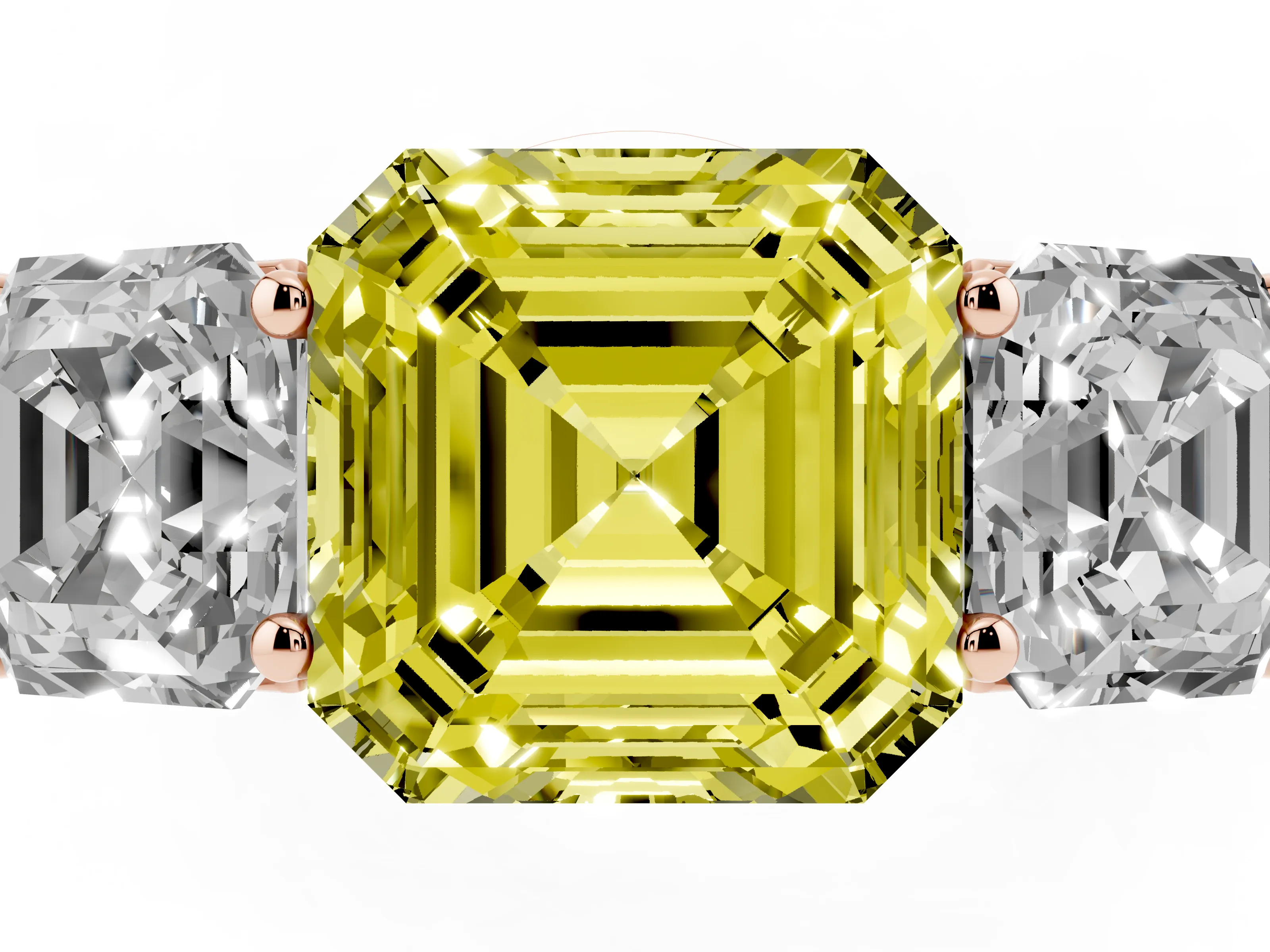 Fancy Yellow Asscher Cut Diamond Three-Stone Ring Set in Rose gold with Plain Polished Band