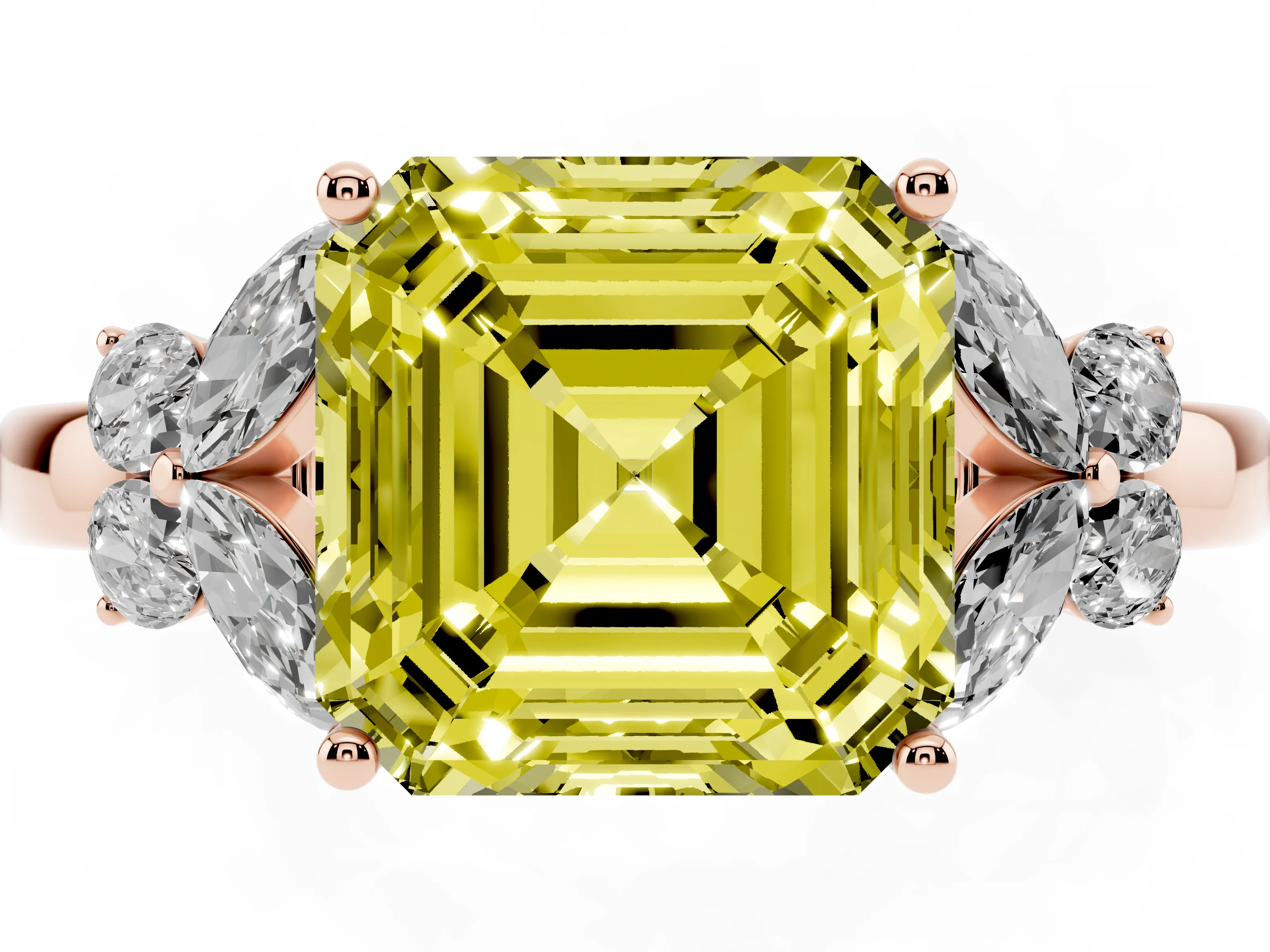Fancy Yellow Asscher Cut Diamond Solitaire Floral Ring Set in Rose gold with Marquise Petals and Prong Setting