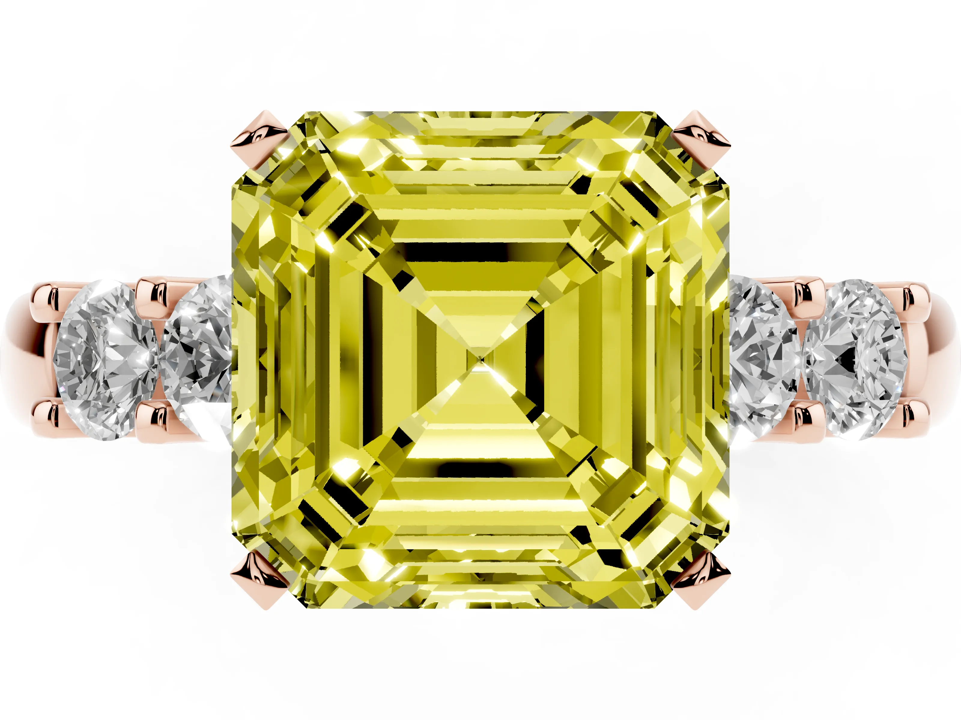 Fancy Yellow Asscher Cut Diamond Five-Stone Prong Set Engagement Ring Set in Rose gold with Channel Band