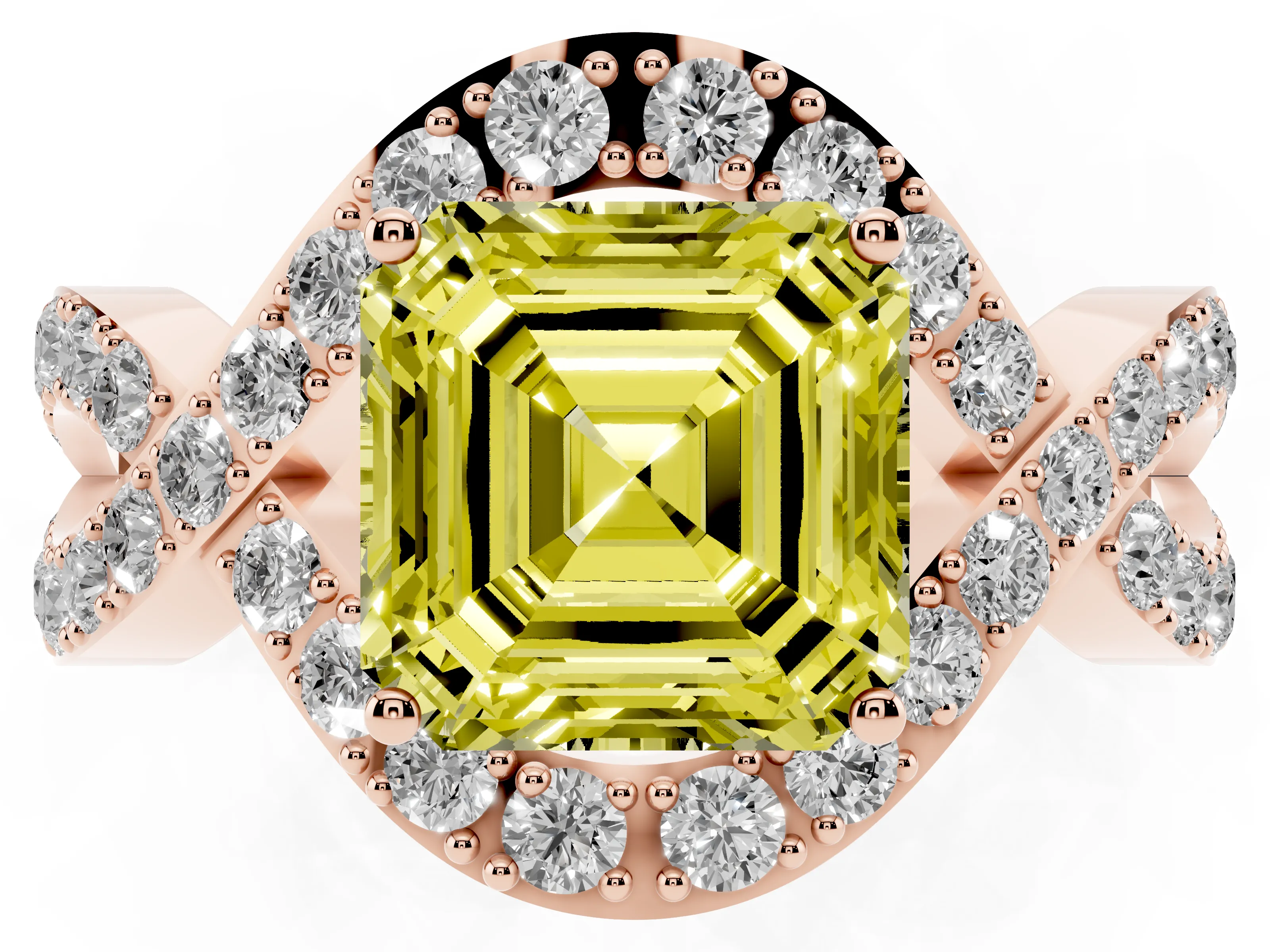 Fancy Yellow Asscher Cut Diamond Solitaire Twist Band Pavé Engagement Ring Set in Rose gold