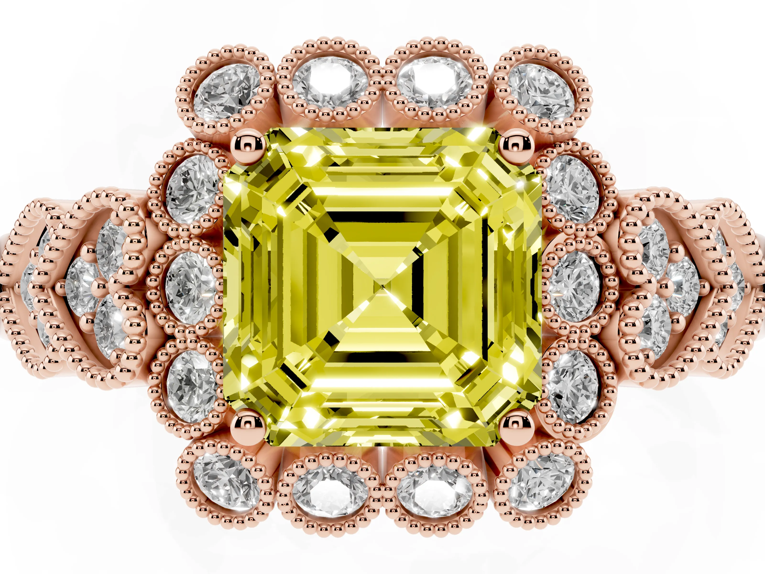 Fancy Yellow Asscher Cut Diamond Solitaire Ring Set in Rose gold with Milgrain Pavé Heart Band