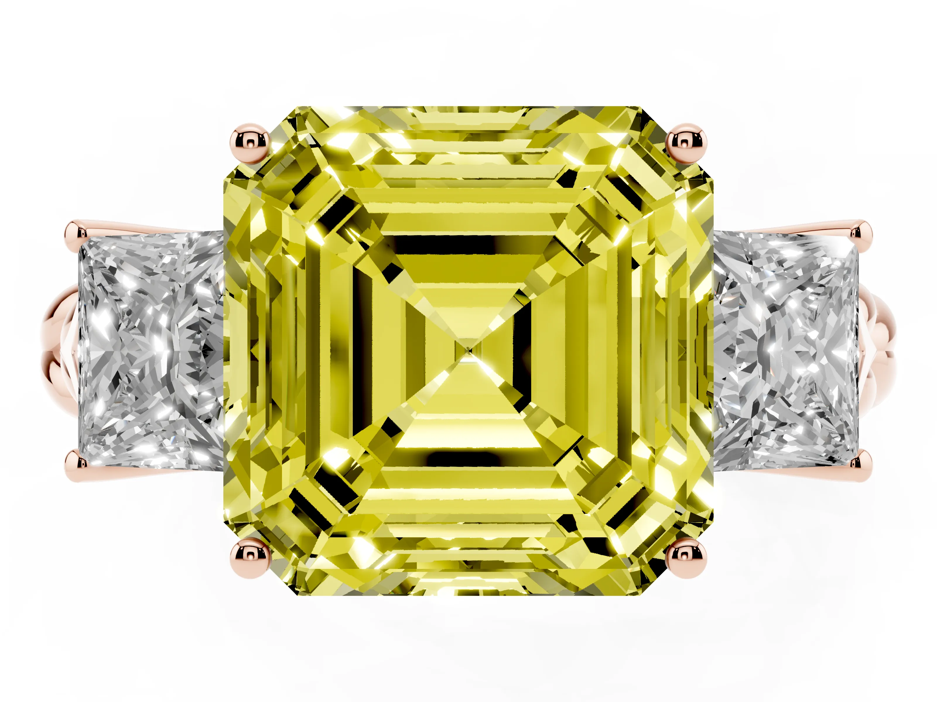 Fancy Yellow Asscher Cut Diamond Three-Stone Ring Set in Rose gold with Braided Band