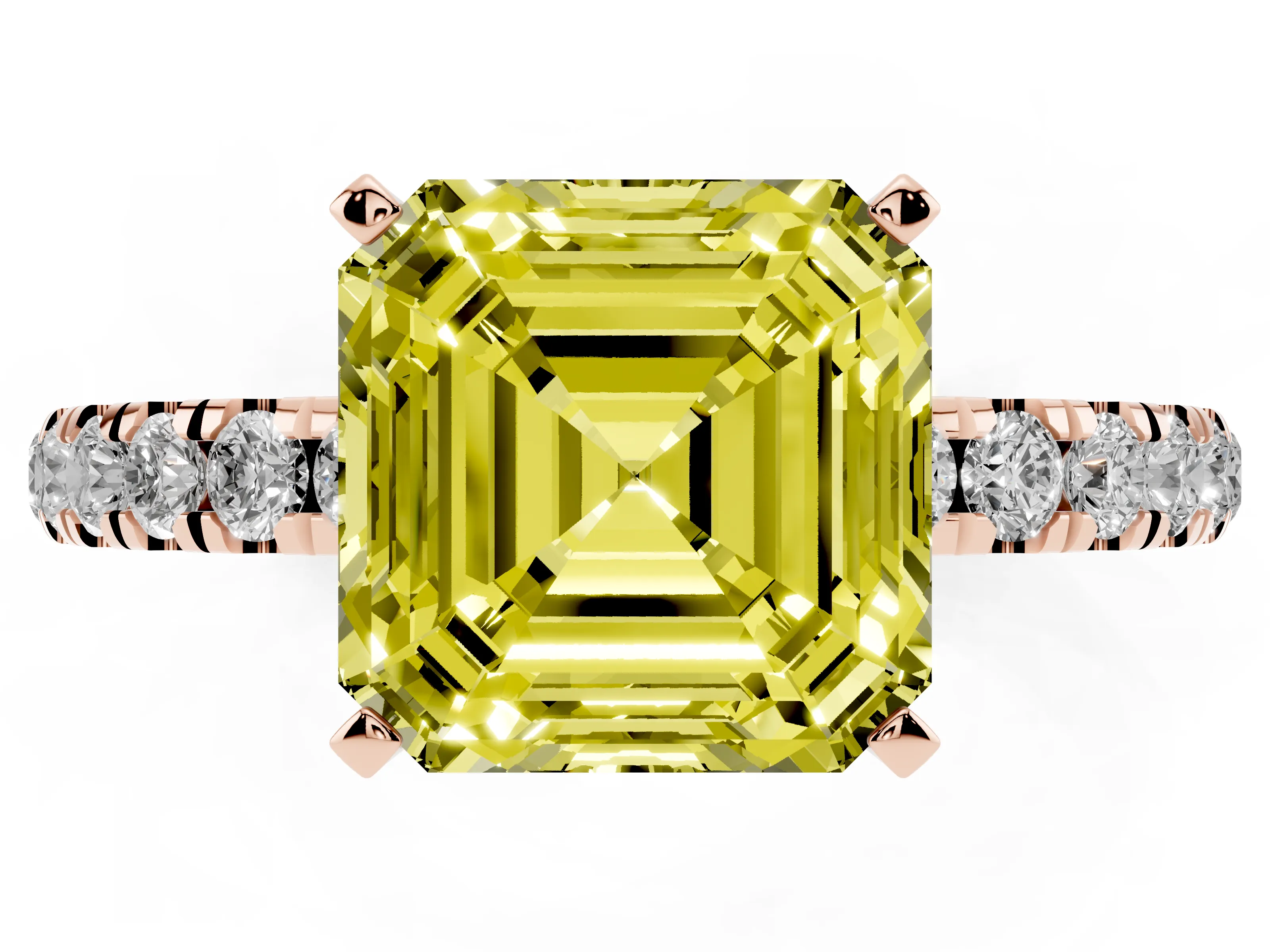 Fancy Yellow Asscher Cut Diamond Solitaire Ring Set in Rose gold with Pavé Accents and Prong Setting
