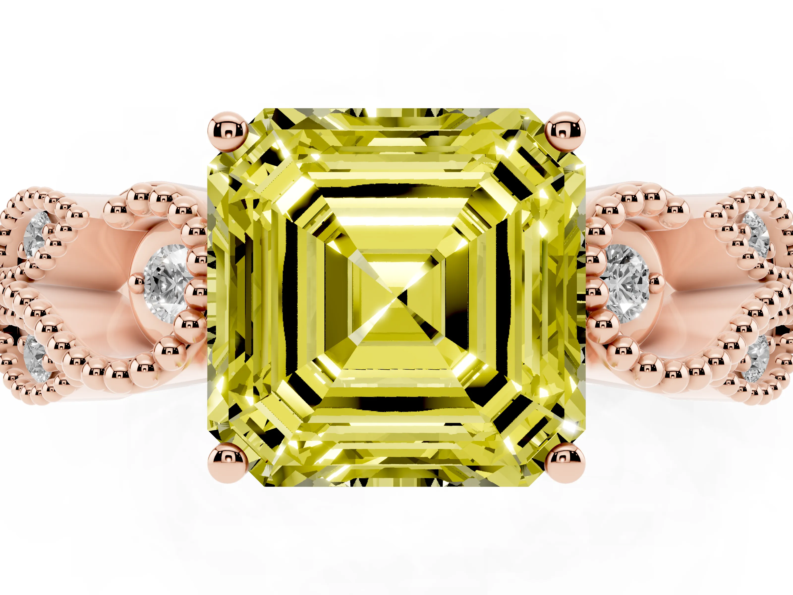 Fancy Yellow Asscher Cut Diamond Milgrain Leaf Band Solitaire Ring Set in Rose gold with Accent Stones and Prong Setting