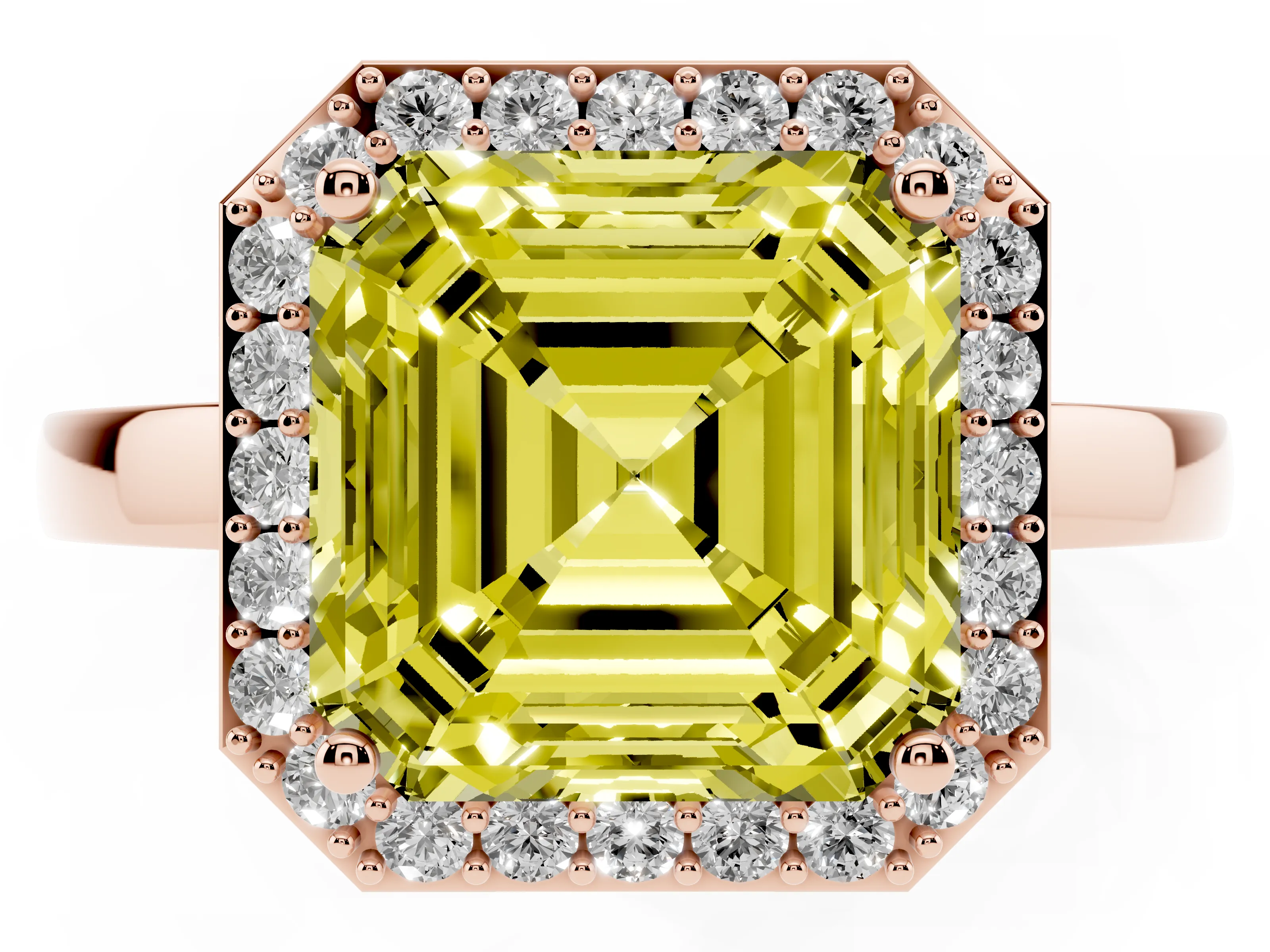 Fancy Yellow Asscher Cut Diamond Halo Ring Set in Rose gold with Solitaire Band and Prong Setting