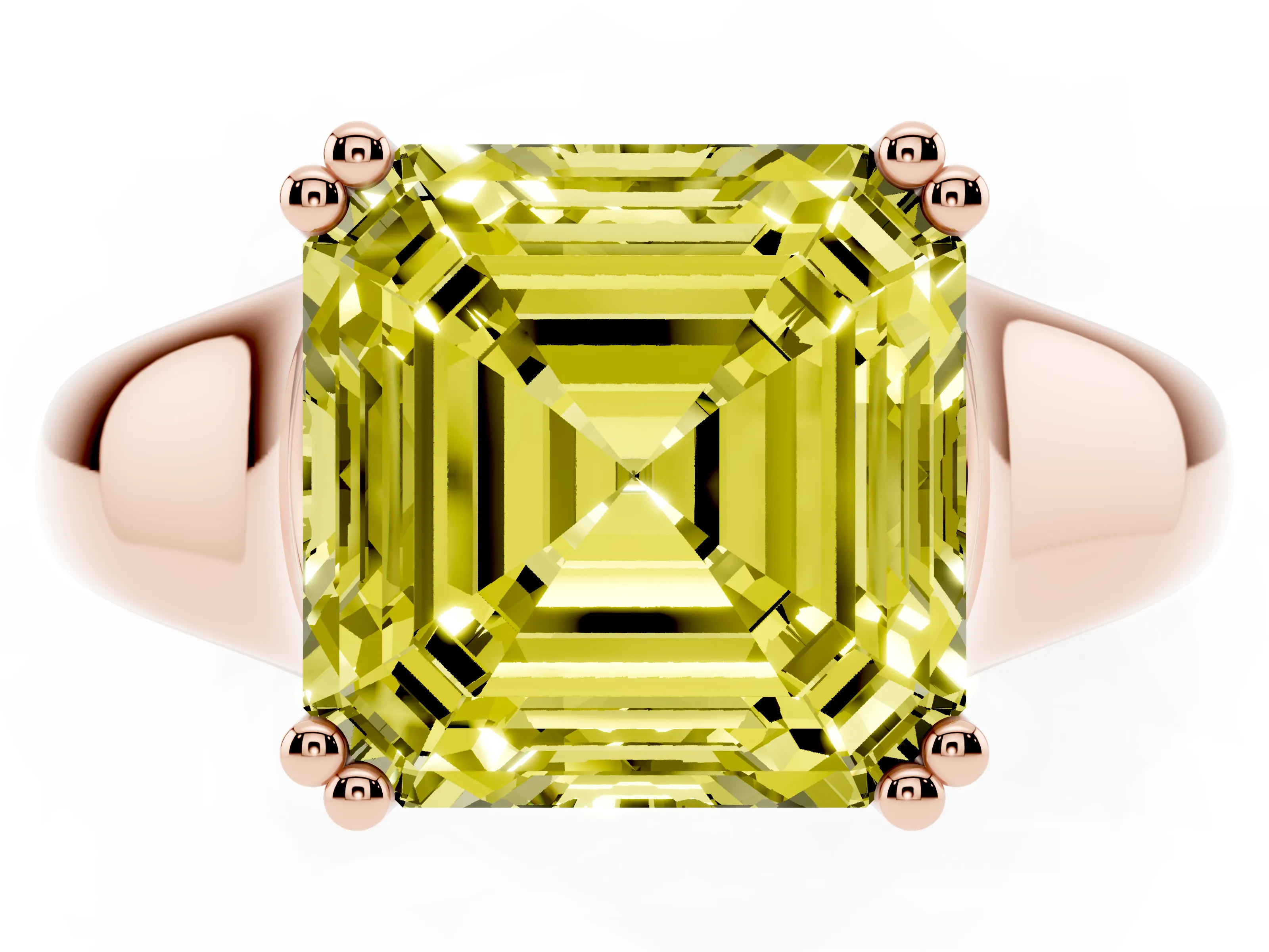 Fancy Yellow Asscher Cut Diamond Solitaire Ring Set in Rose gold with Wide Band and Prong Setting