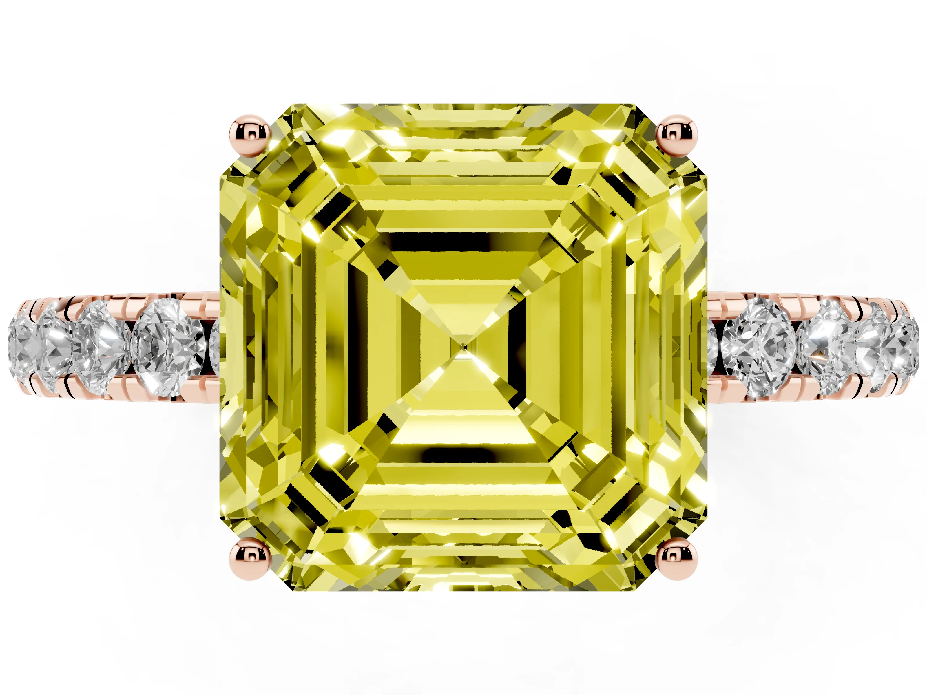 Fancy Yellow Asscher Cut Diamond Pavé Solitaire Engagement Ring Set in Rose gold with Prong Setting