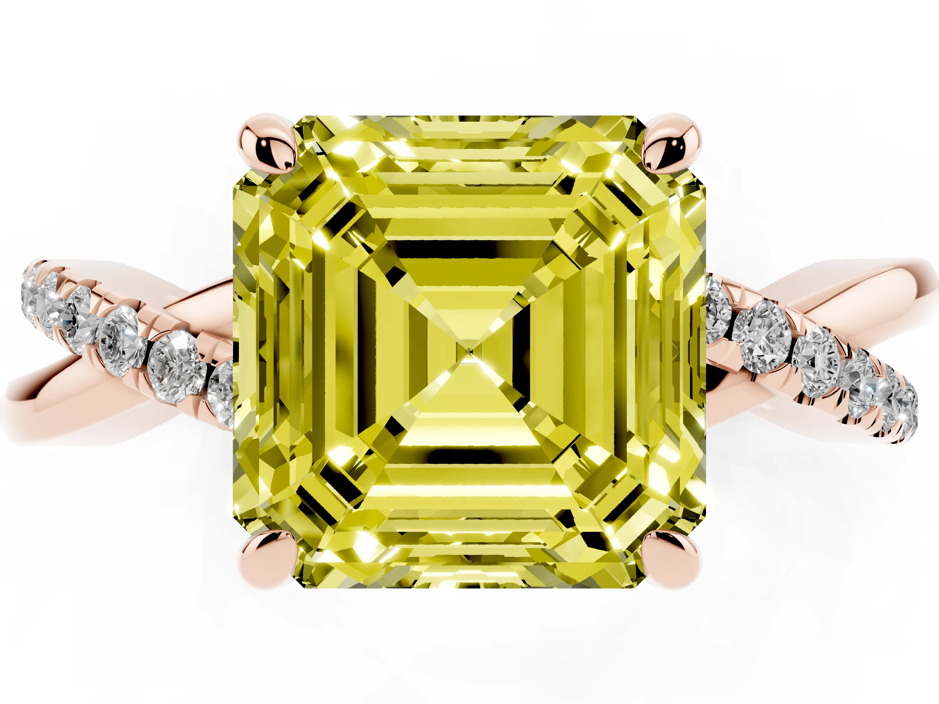 Fancy Yellow Asscher Cut Diamond Twist Band Pavé Solitaire Ring Set in Rose gold with Prong Setting