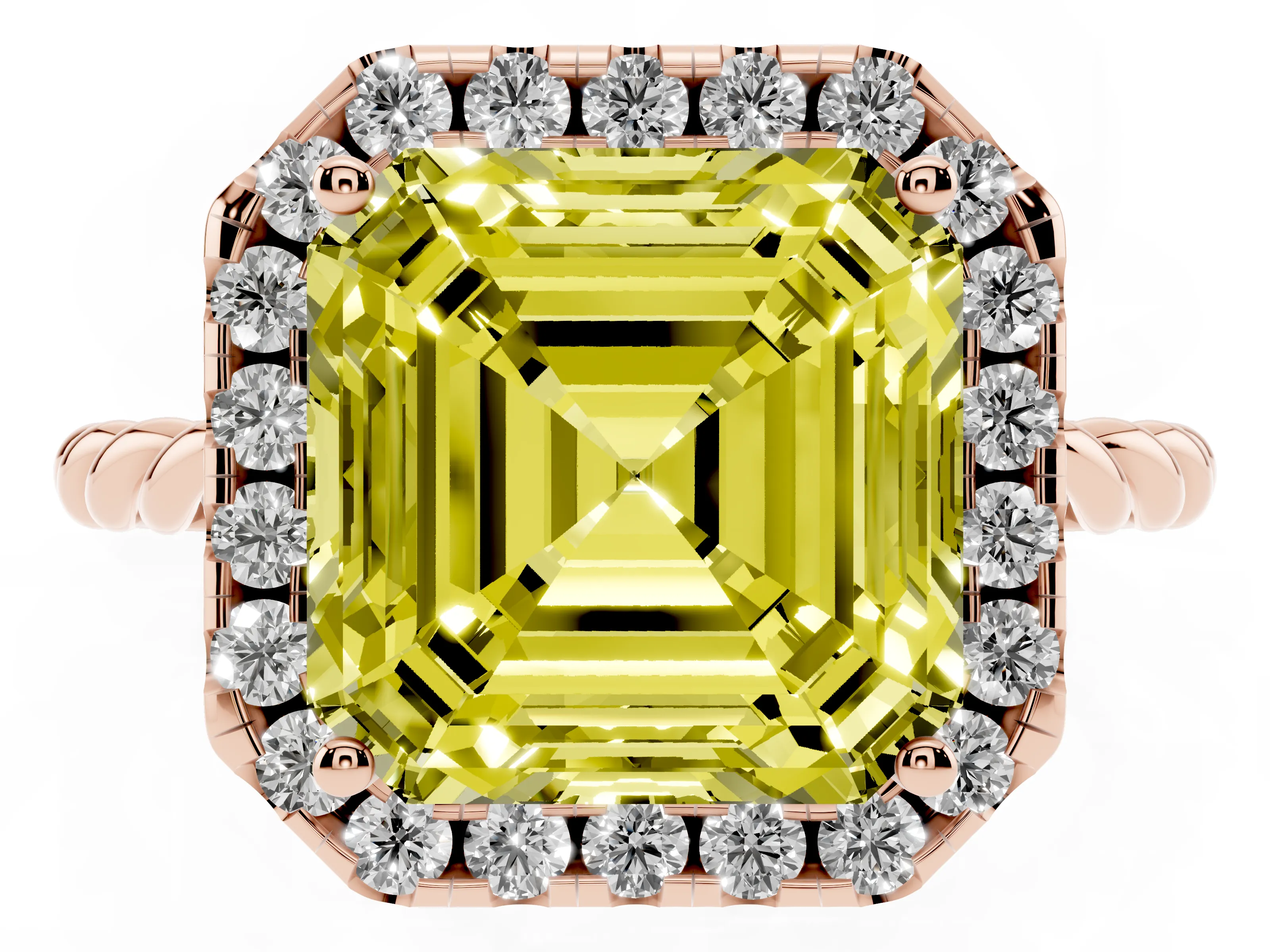 Fancy Yellow Asscher Cut Diamond Halo Ring Set in Rose gold with Plain Twisted Band