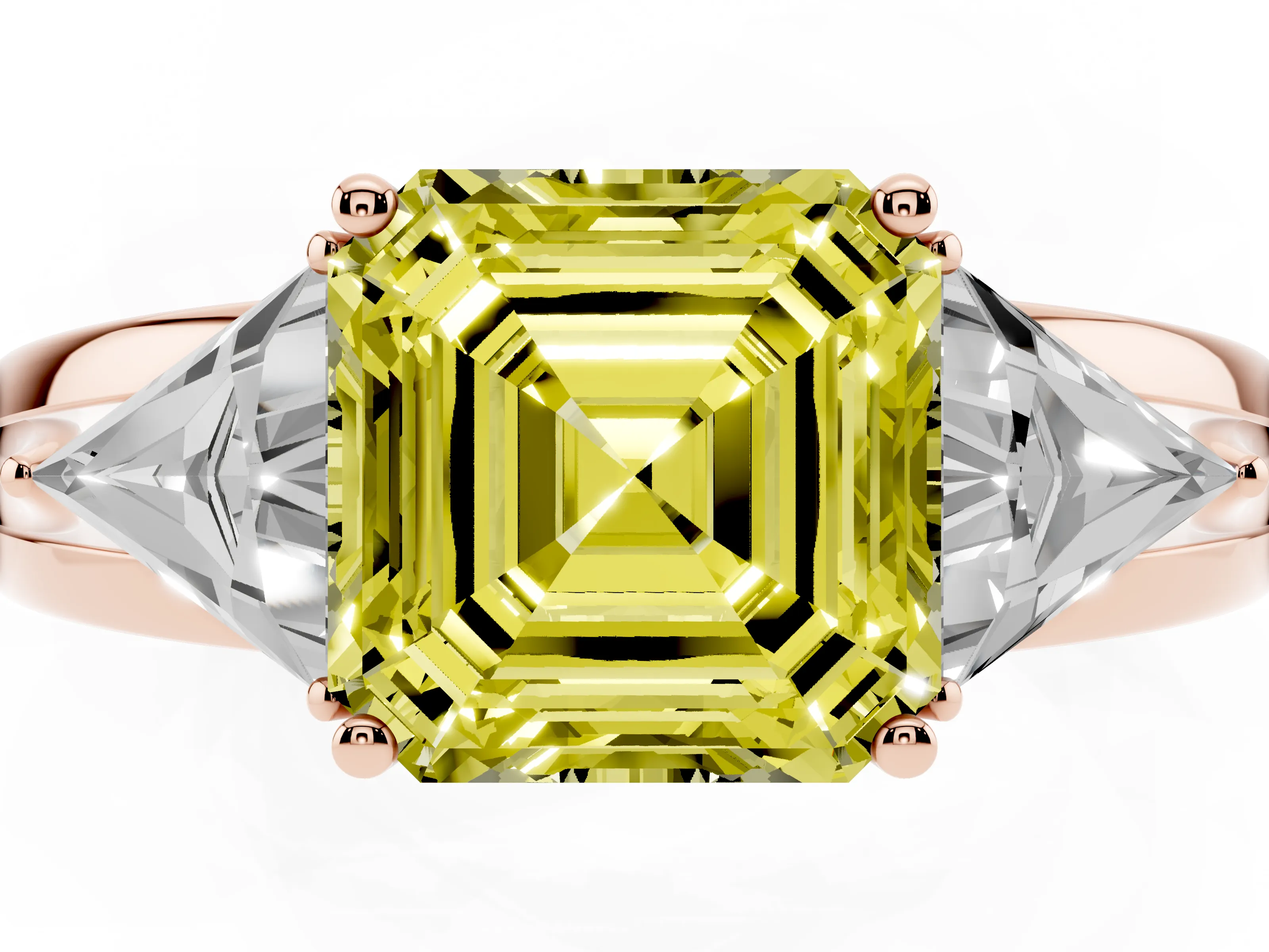 Fancy Yellow Asscher Cut Diamond Three-Stone Ring Set in Rose gold with Trillion Side Stones and Split Shank