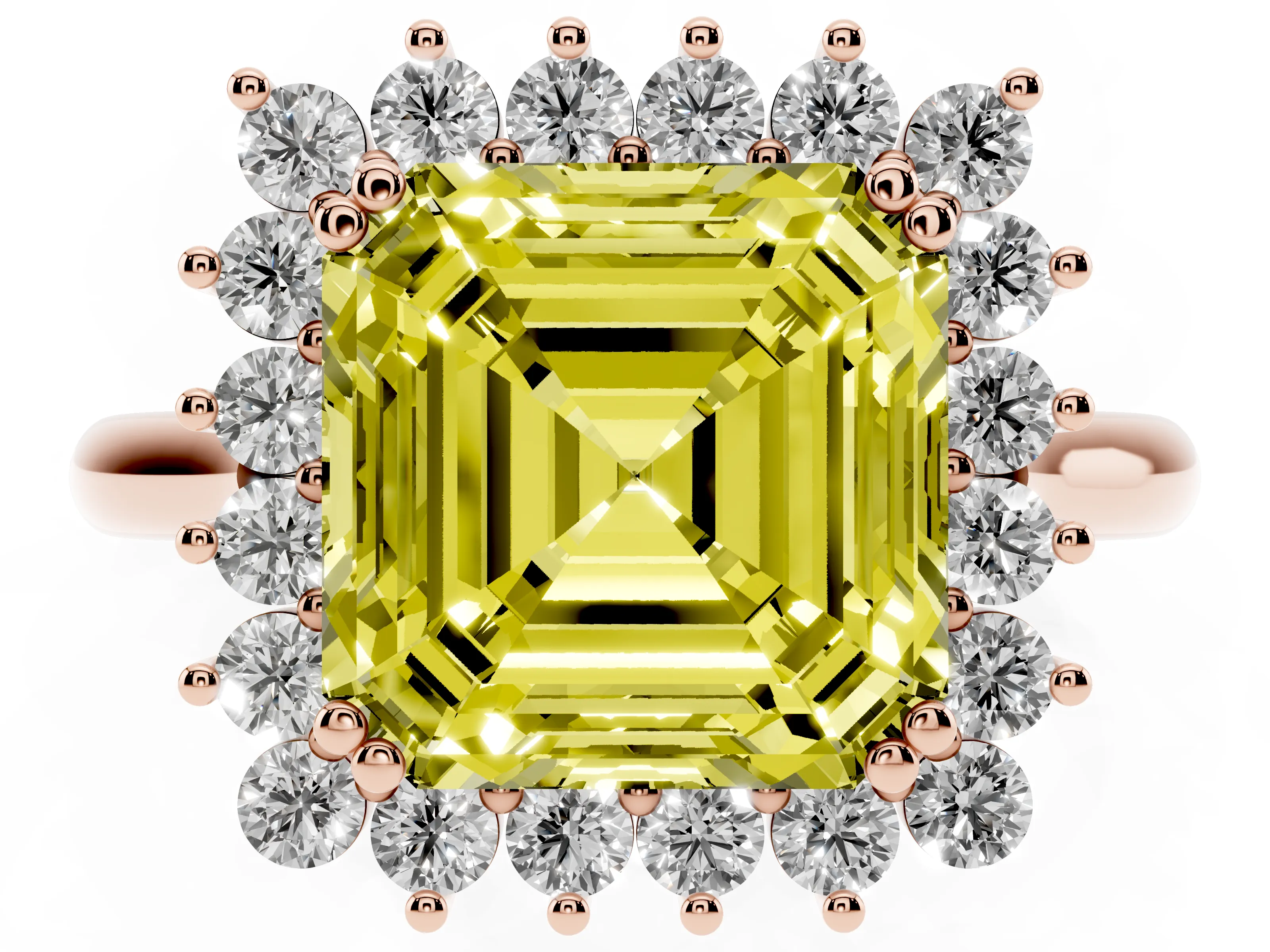 Fancy Yellow Asscher Cut Diamond Halo Ring Set in Rose gold with Plain Solitaire Band and Prong Setting