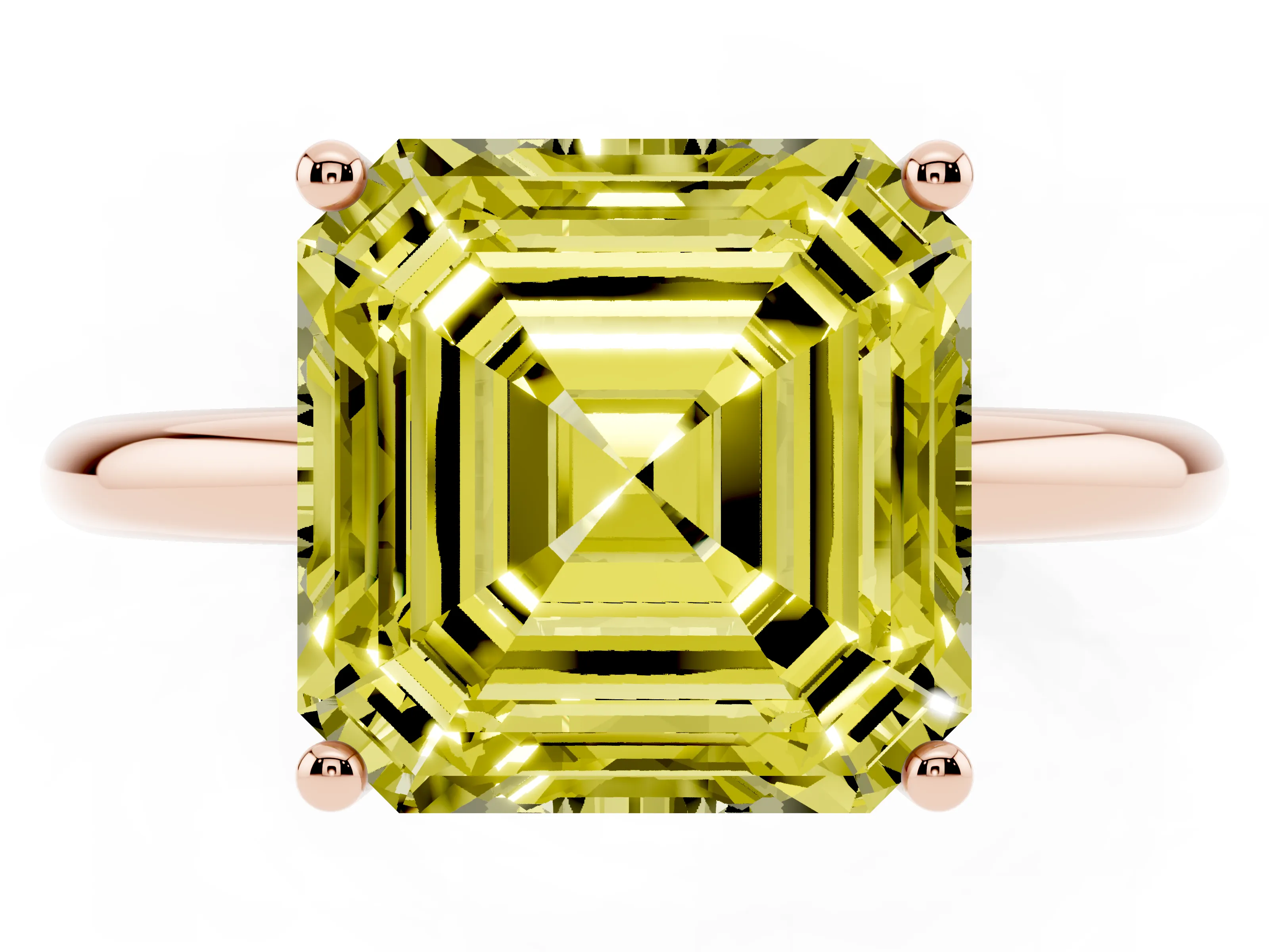 Fancy Yellow Asscher Cut Diamond Solitaire Engagement Ring Set in Rose gold with Prong Setting and Polished Band