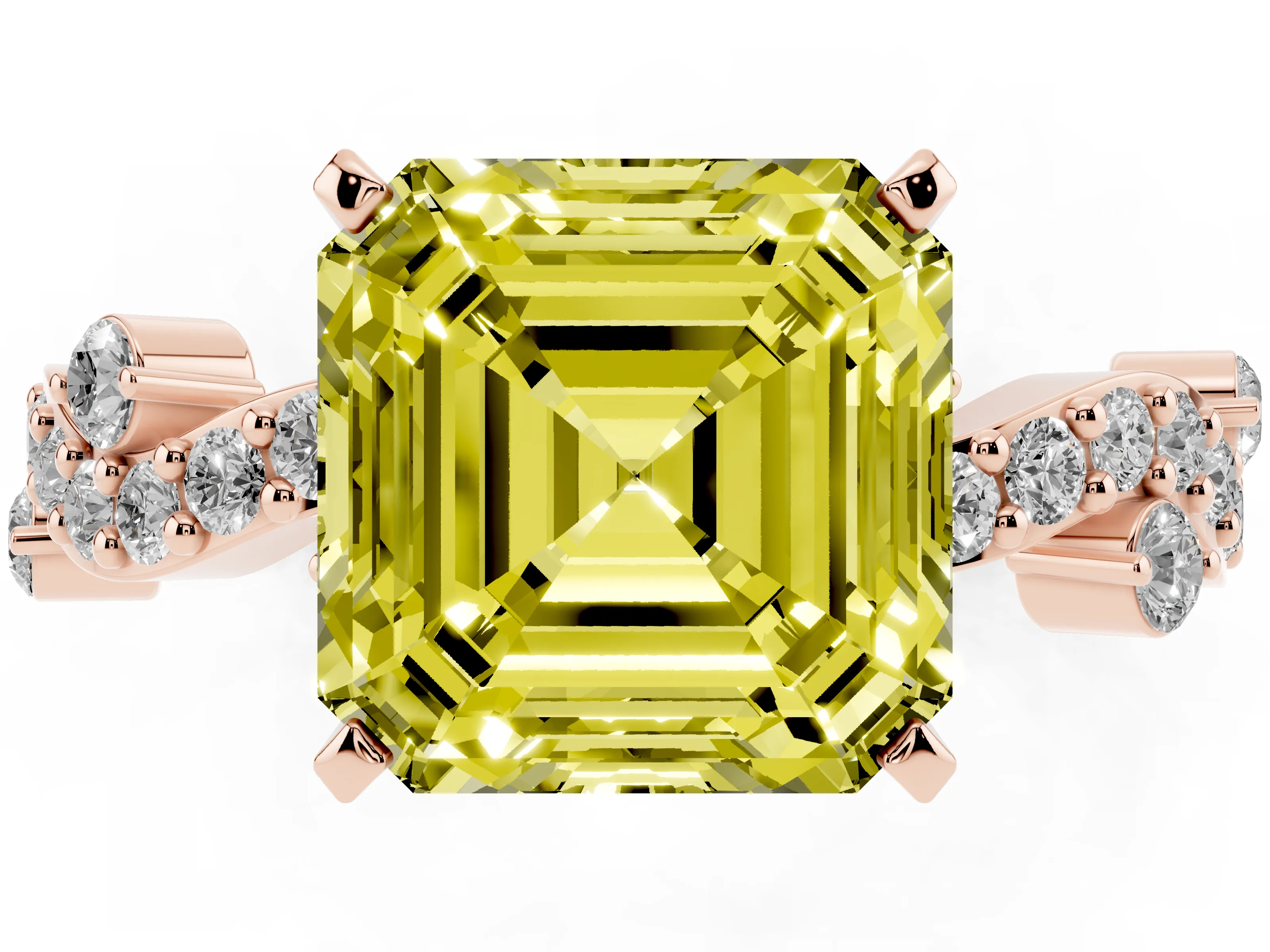 Fancy Yellow Asscher Cut Diamond Solitaire Twisted Band Set in Rose gold with Pavé Setting