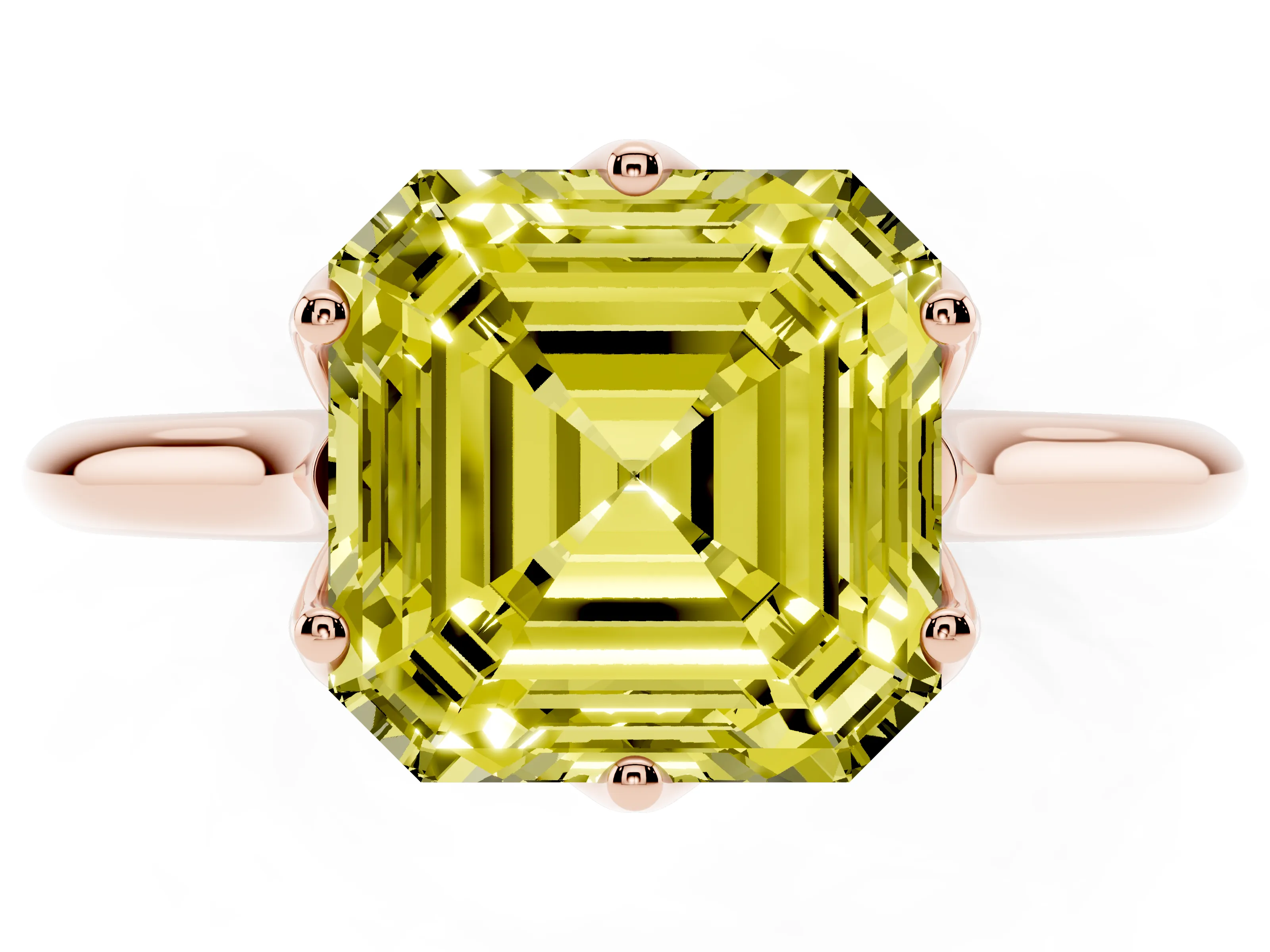 Fancy Yellow Asscher Cut Diamond Solitaire Cathedral Ring Set in Rose gold with Prong Setting