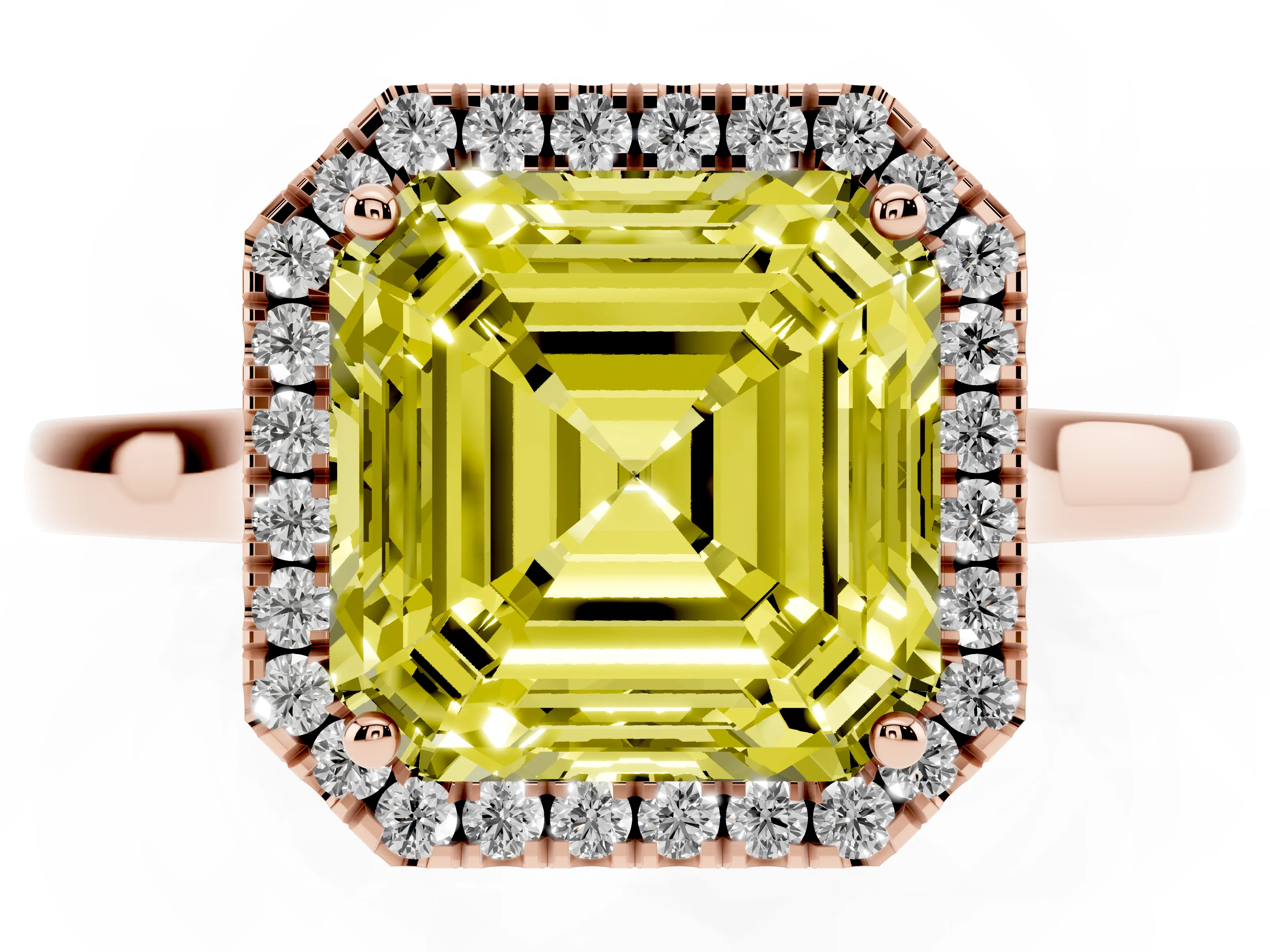 Fancy Yellow Asscher Cut Halo Round Diamond Solitaire Ring Set in Rose gold with Pavé Band and Prong Setting