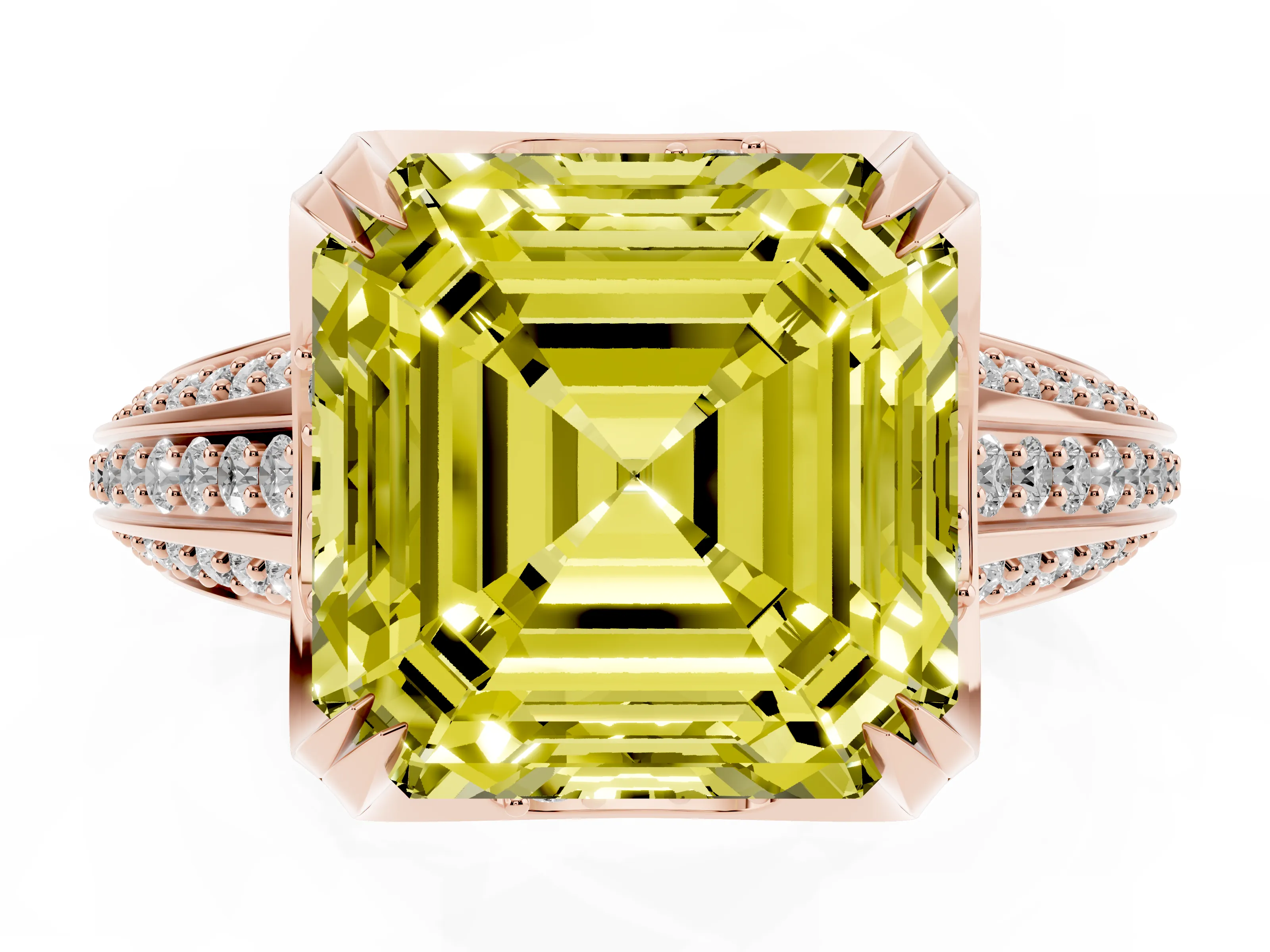 Fancy Yellow Asscher Cut Diamond Pavé Split Shank Solitaire Ring Set in Rose gold with Prong Setting