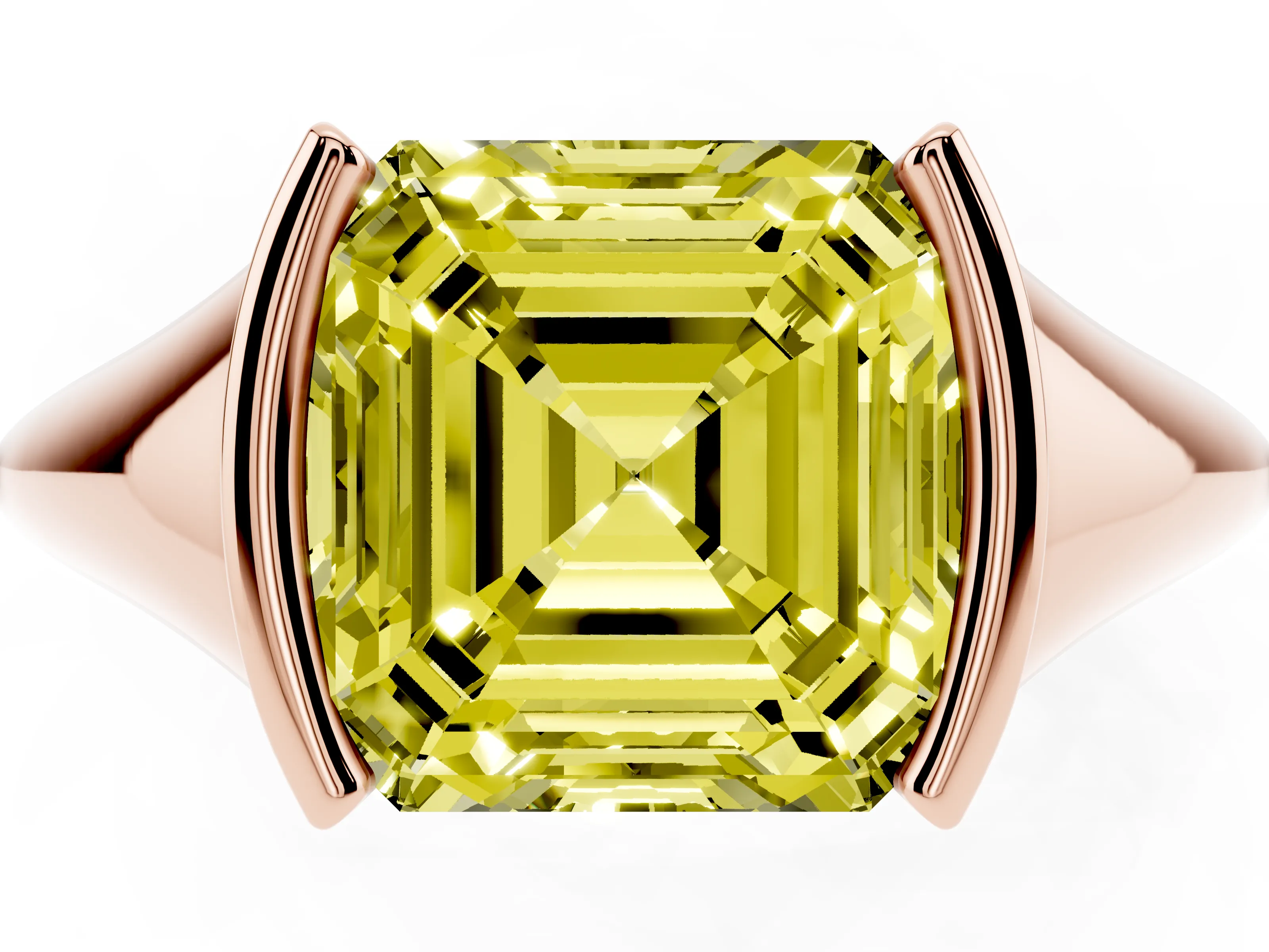 Fancy Yellow Asscher Cut Diamond Solitaire Tension Set Ring Set in Rose gold