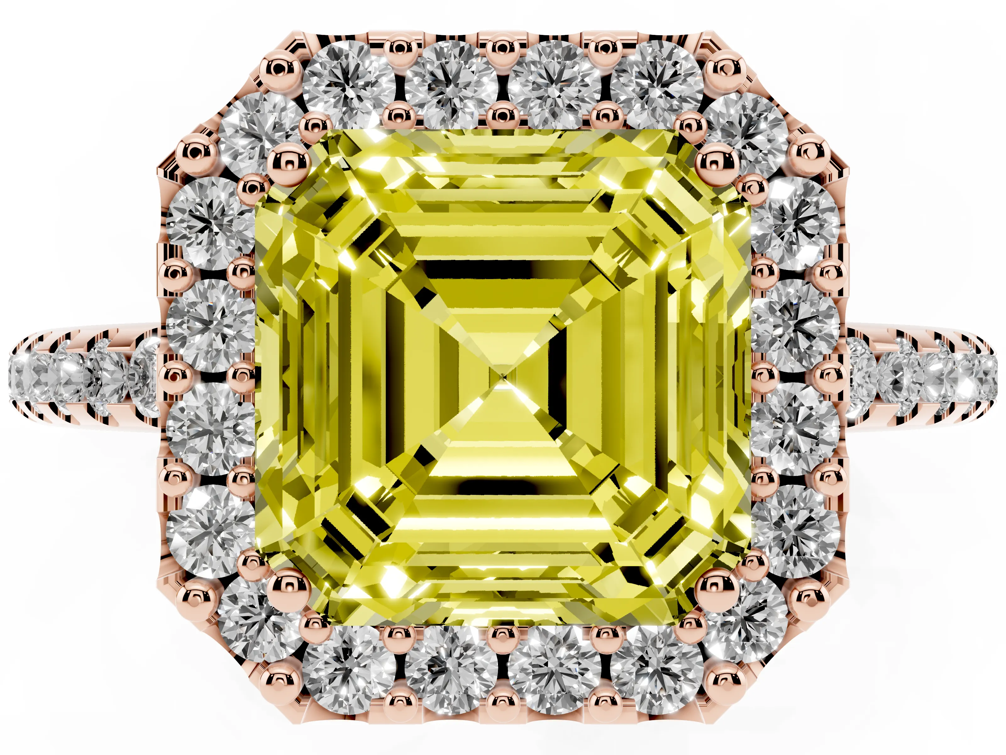 Fancy Yellow Asscher Cut Diamond Pavé Halo Ring Set in Rose gold with Prong Setting