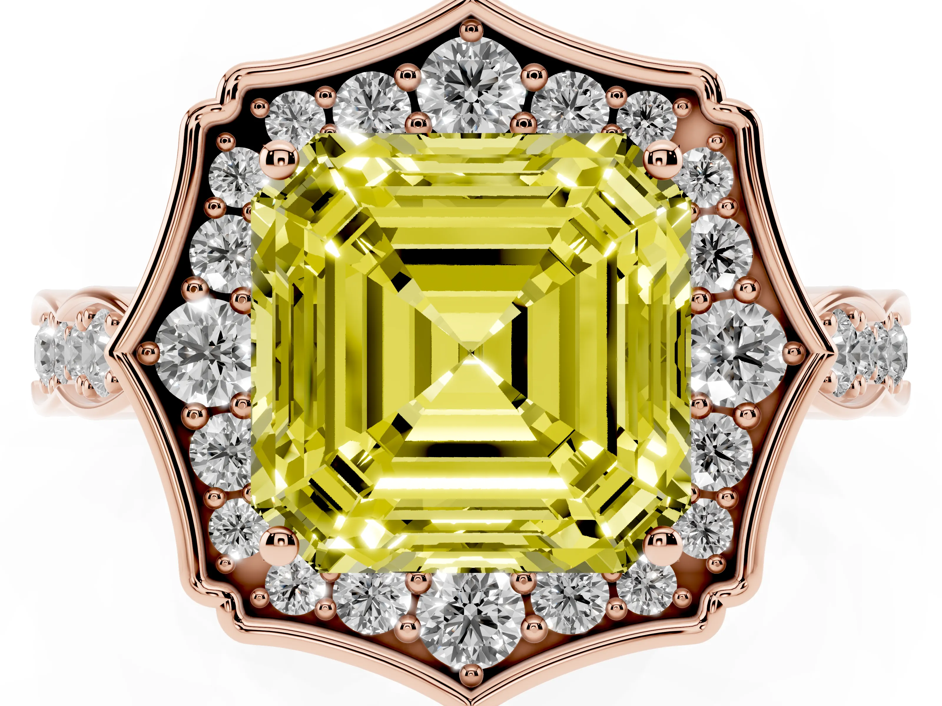 Fancy Yellow Asscher Cut Diamond Halo Engagement Ring Set in Rose gold with Milgrain Band and Prong Setting