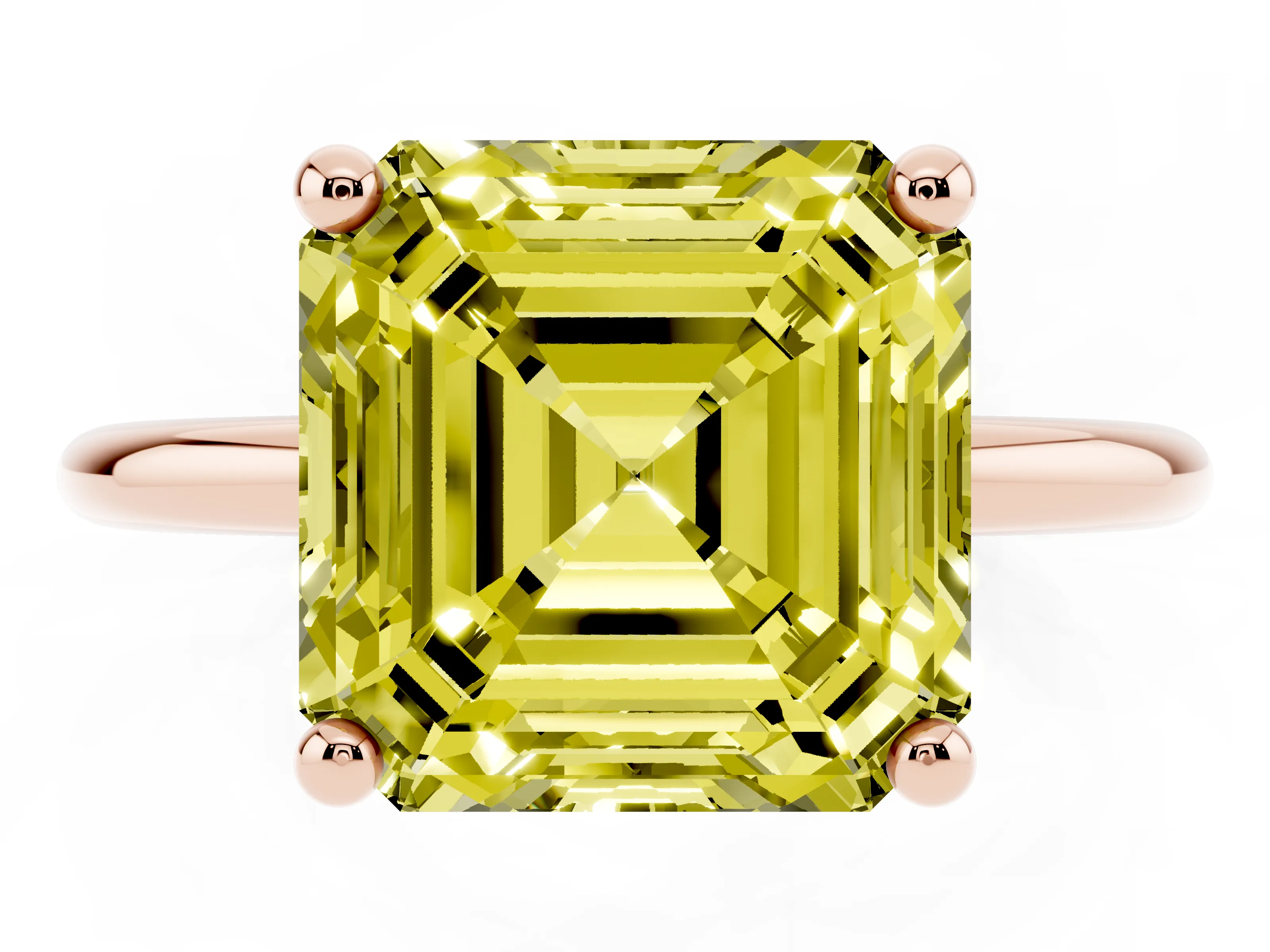 Fancy Yellow Asscher Cut Diamond Solitaire Ring Set in Rose gold with Secure Prong Setting on a Classic Band