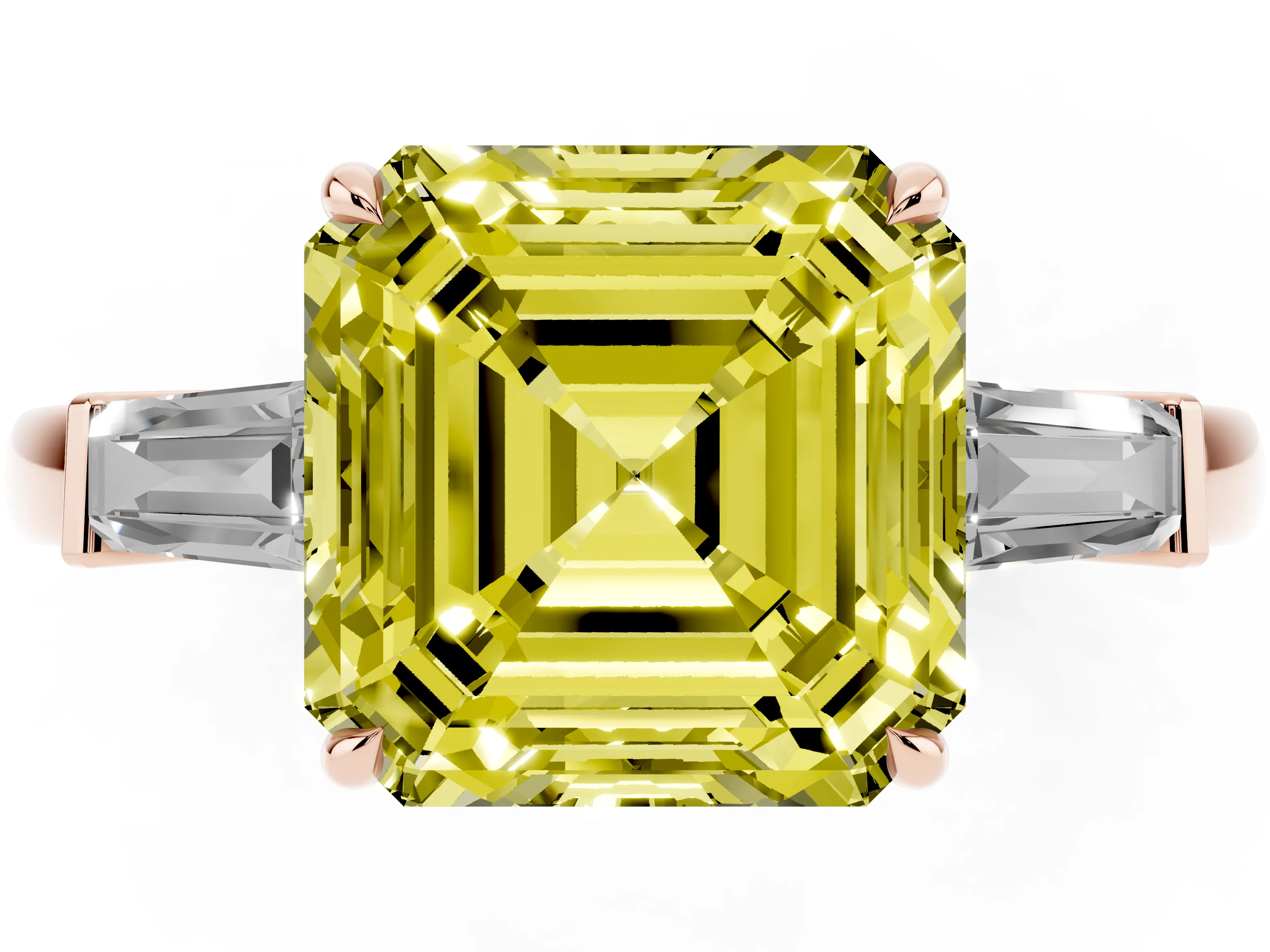 Fancy Yellow Asscher Cut Diamond Three-Stone Ring Set in Rose gold with Tapered Baguette Side Stones and Prong Setting